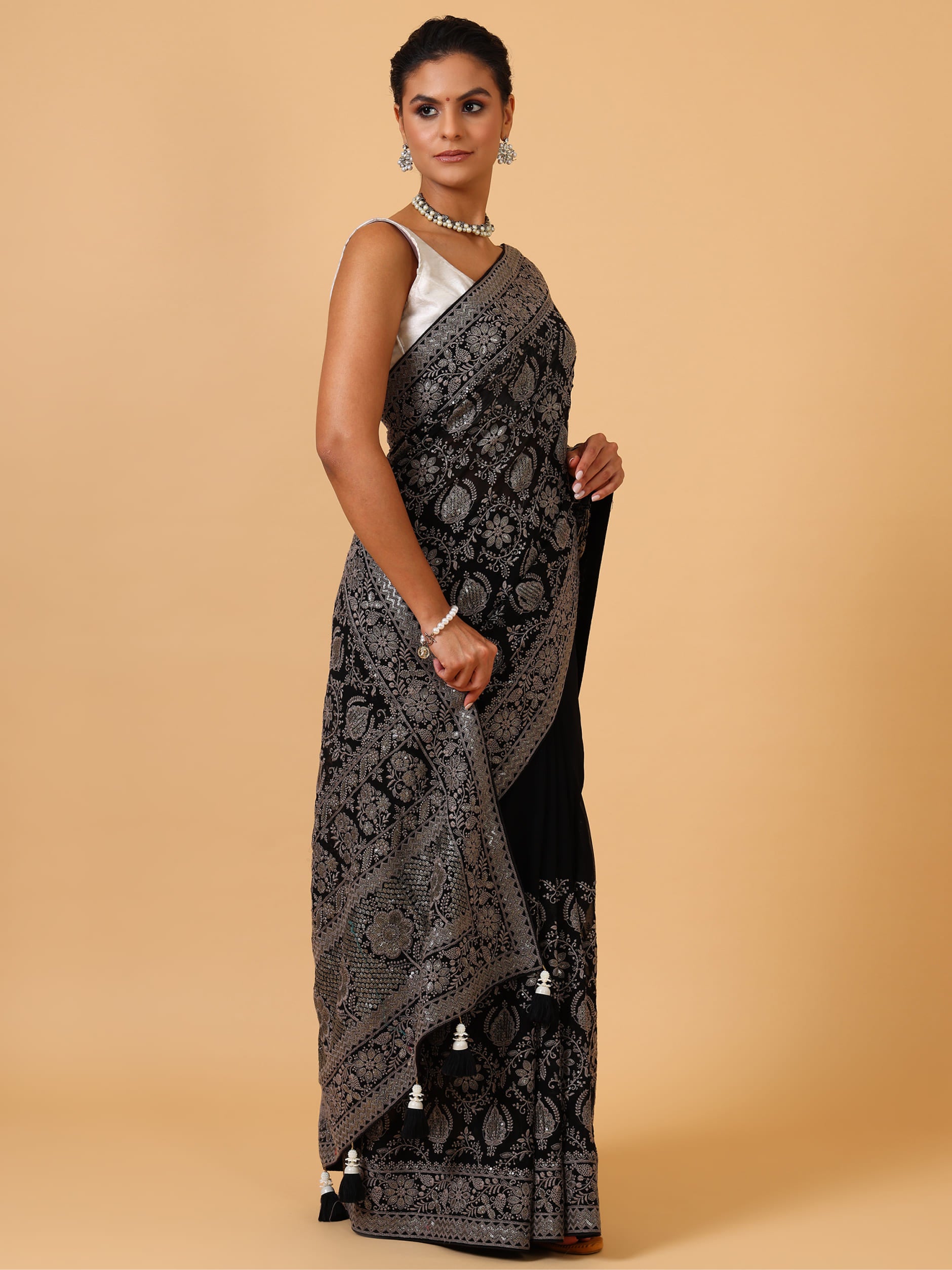 Black Georgette Saree with Lakhnavi & Sequence Work – Unstitched