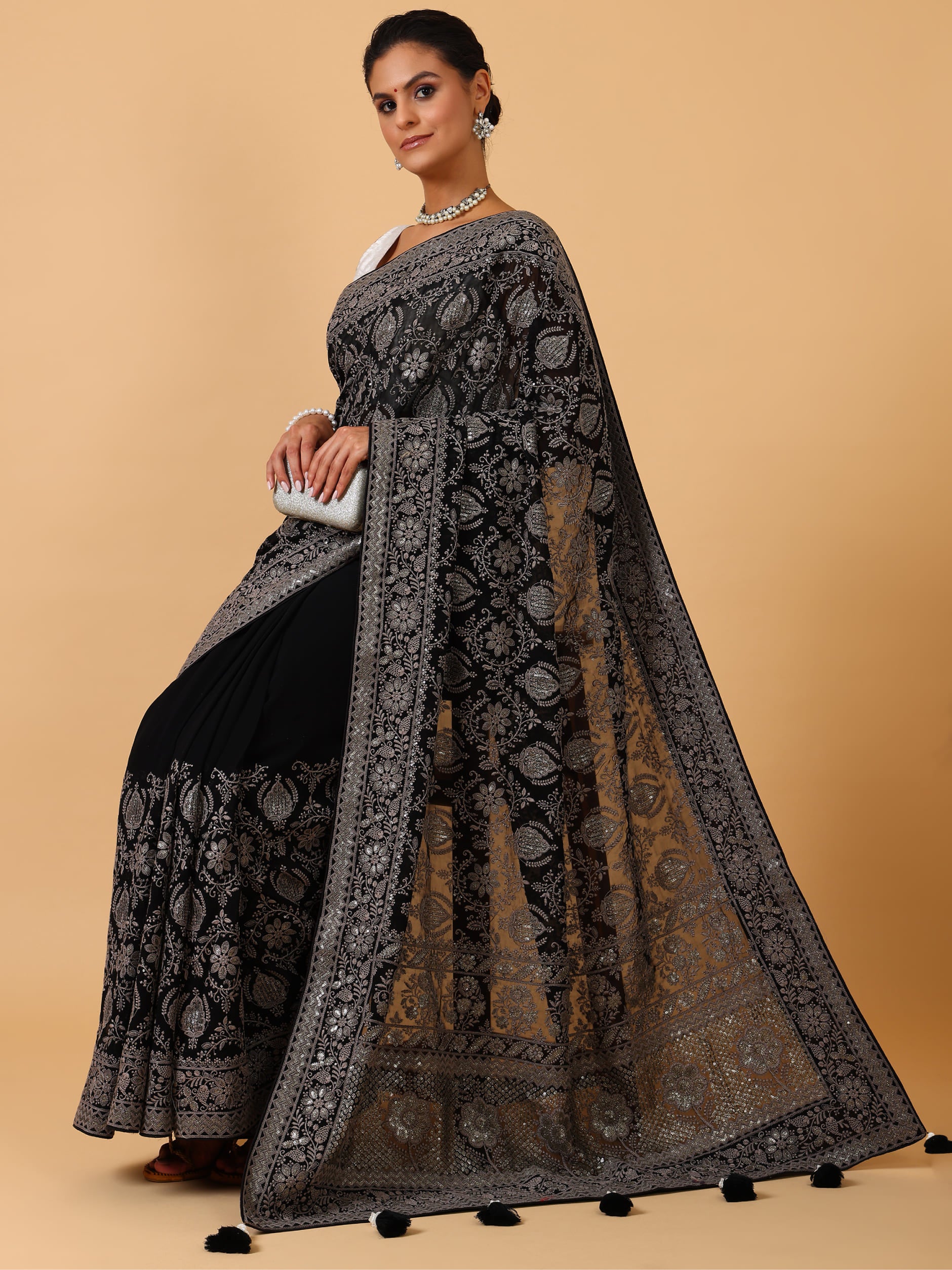 Black Georgette Saree with Lakhnavi & Sequence Work – Unstitched