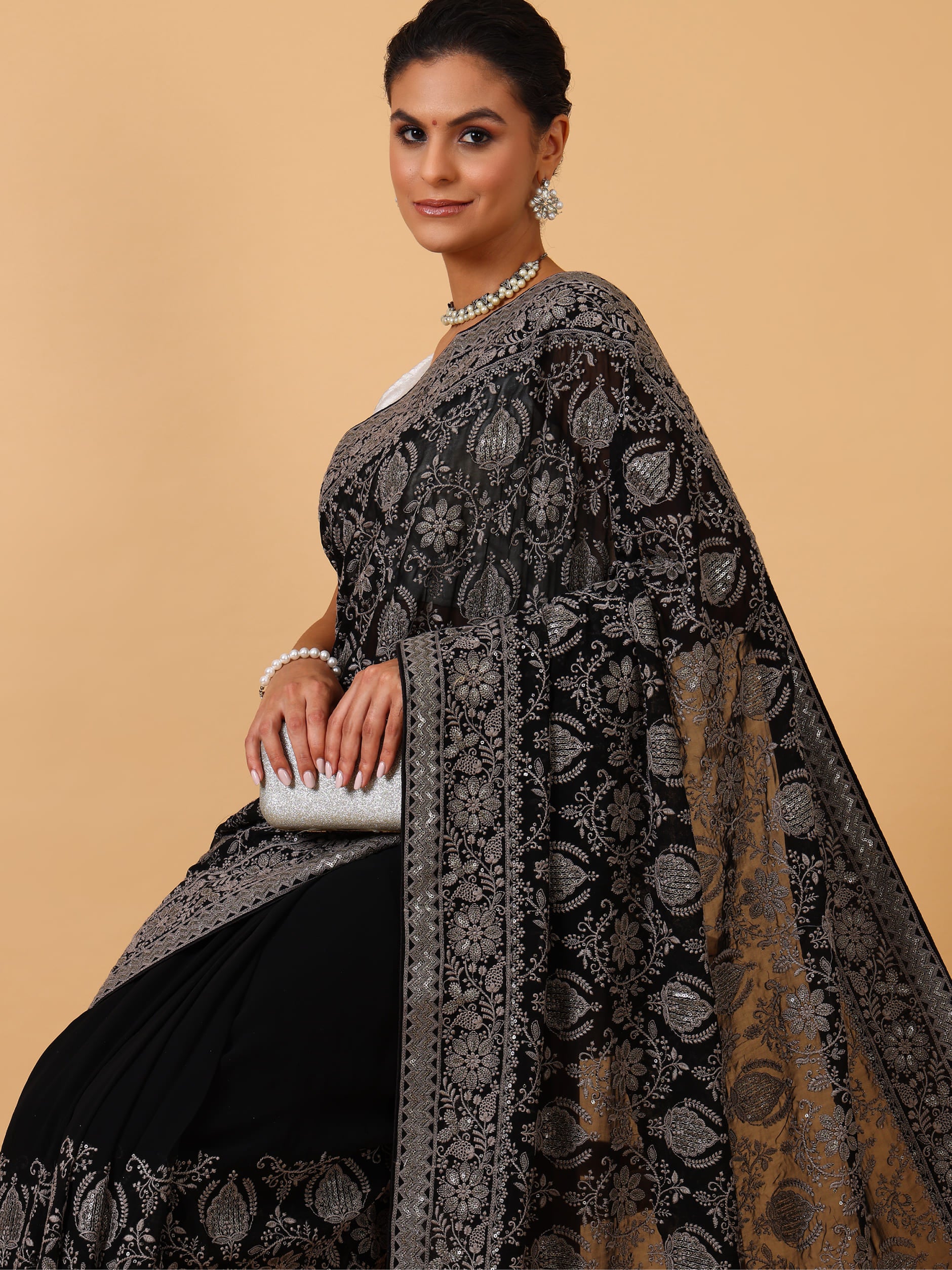 Black Georgette Saree with Lakhnavi & Sequence Work – Unstitched