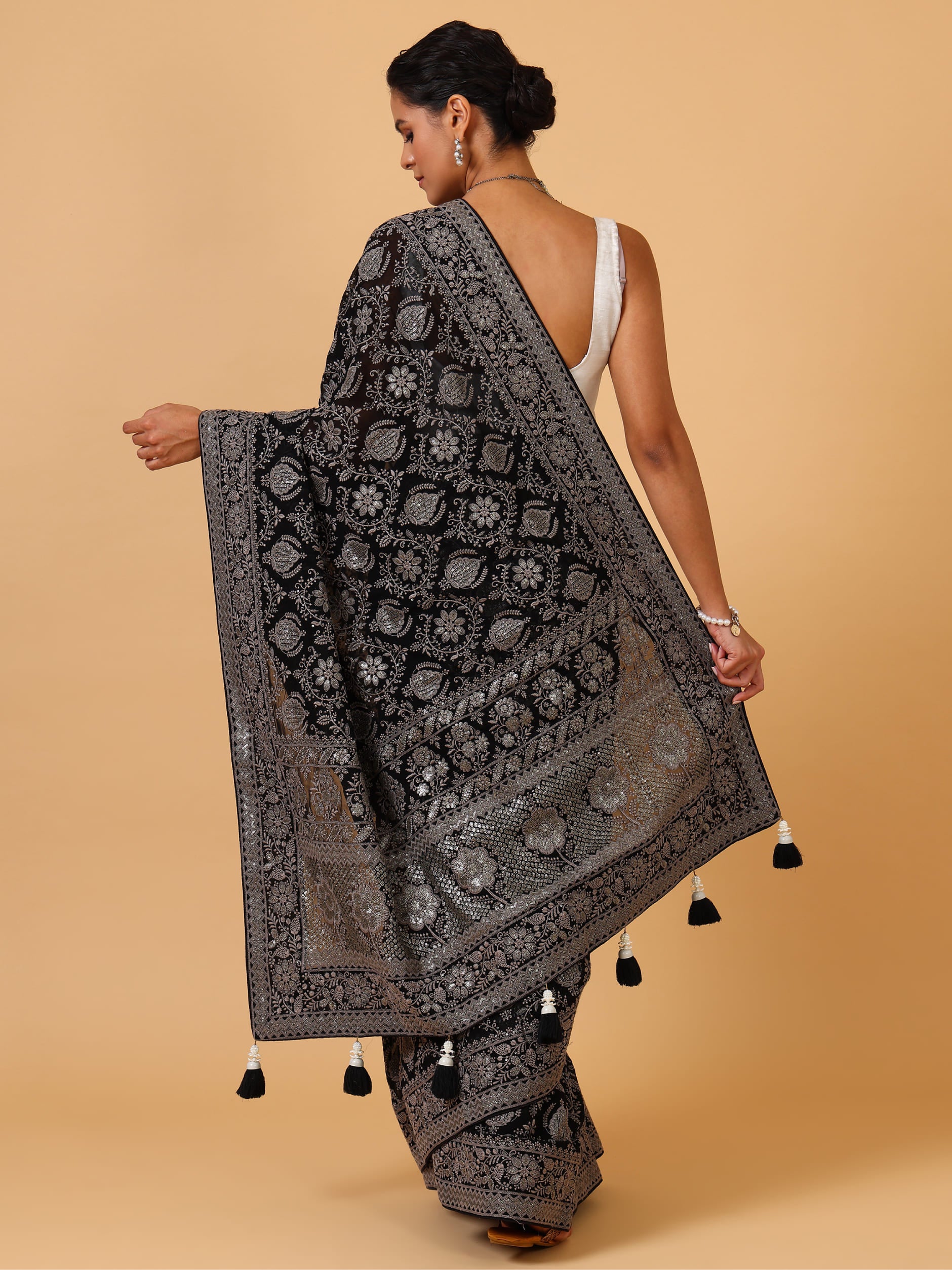 Black Georgette Saree with Lakhnavi & Sequence Work – Unstitched