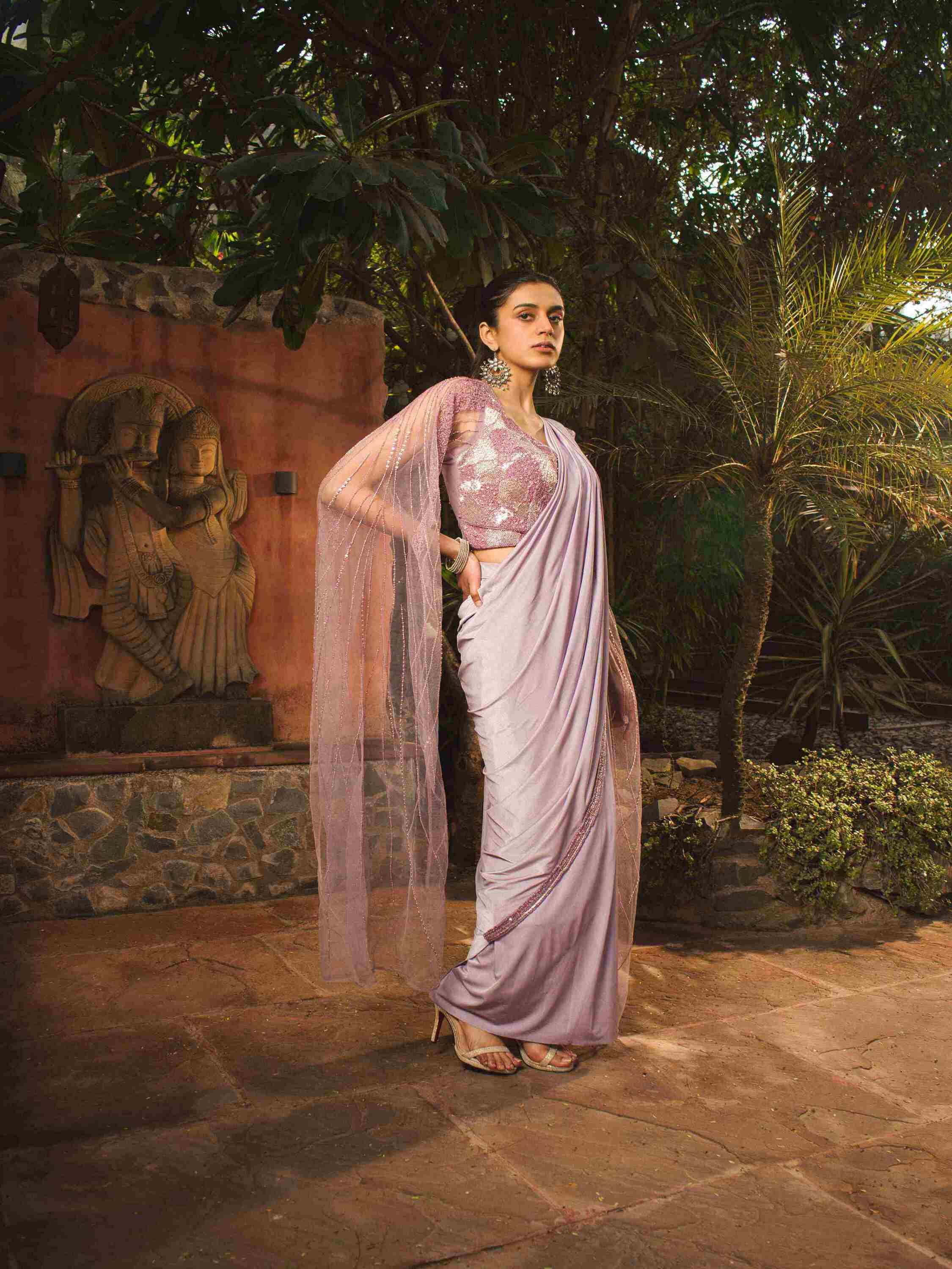 Lavender Color Drape Saree With Sequins, Cut Dana & Pearl Work - House of Surya