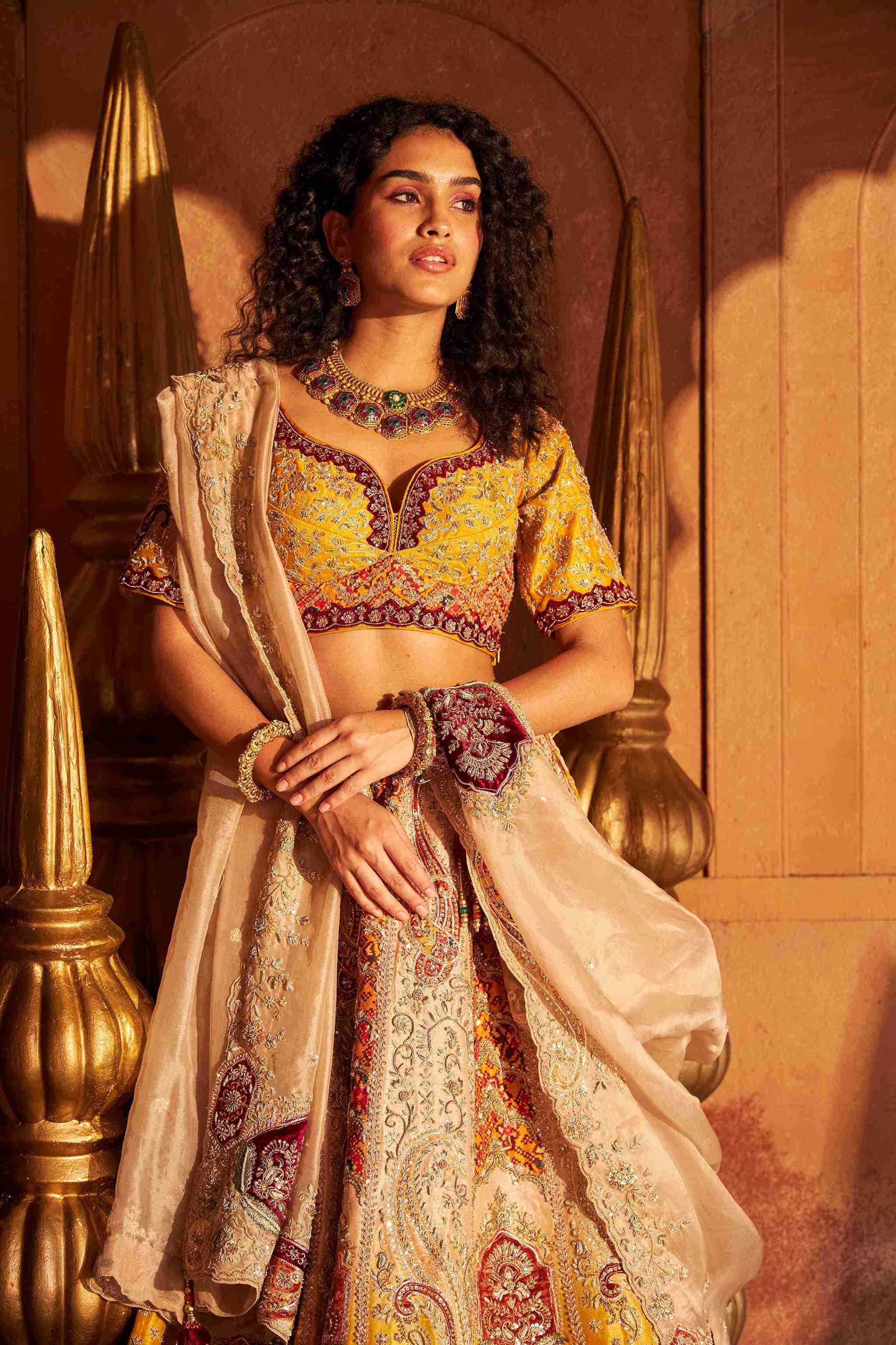 Ivory-Mustard Raw Silk Lehenga with Zardozi, Sequins, and Crystal Work - House of Surya