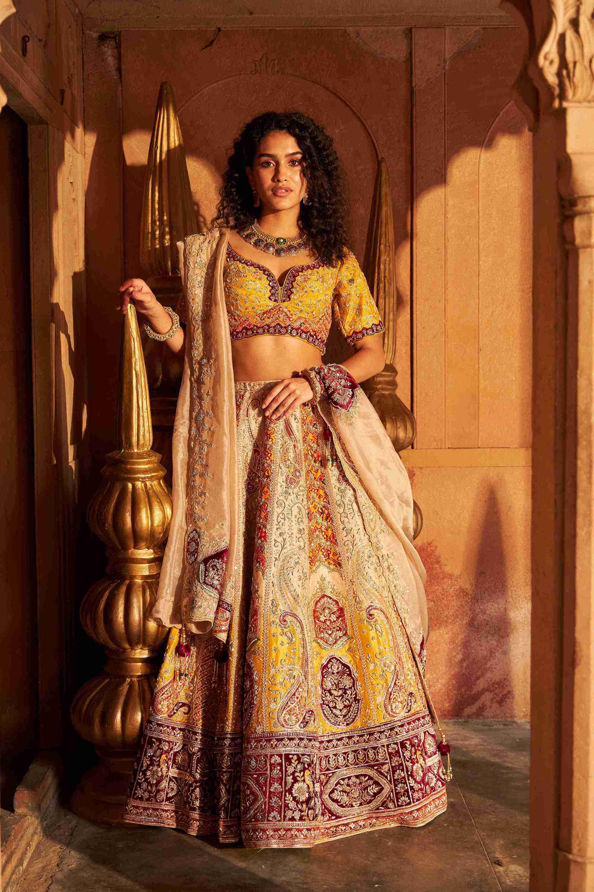Ivory-Mustard Raw Silk Lehenga with Zardozi, Sequins, and Crystal Work - House of Surya