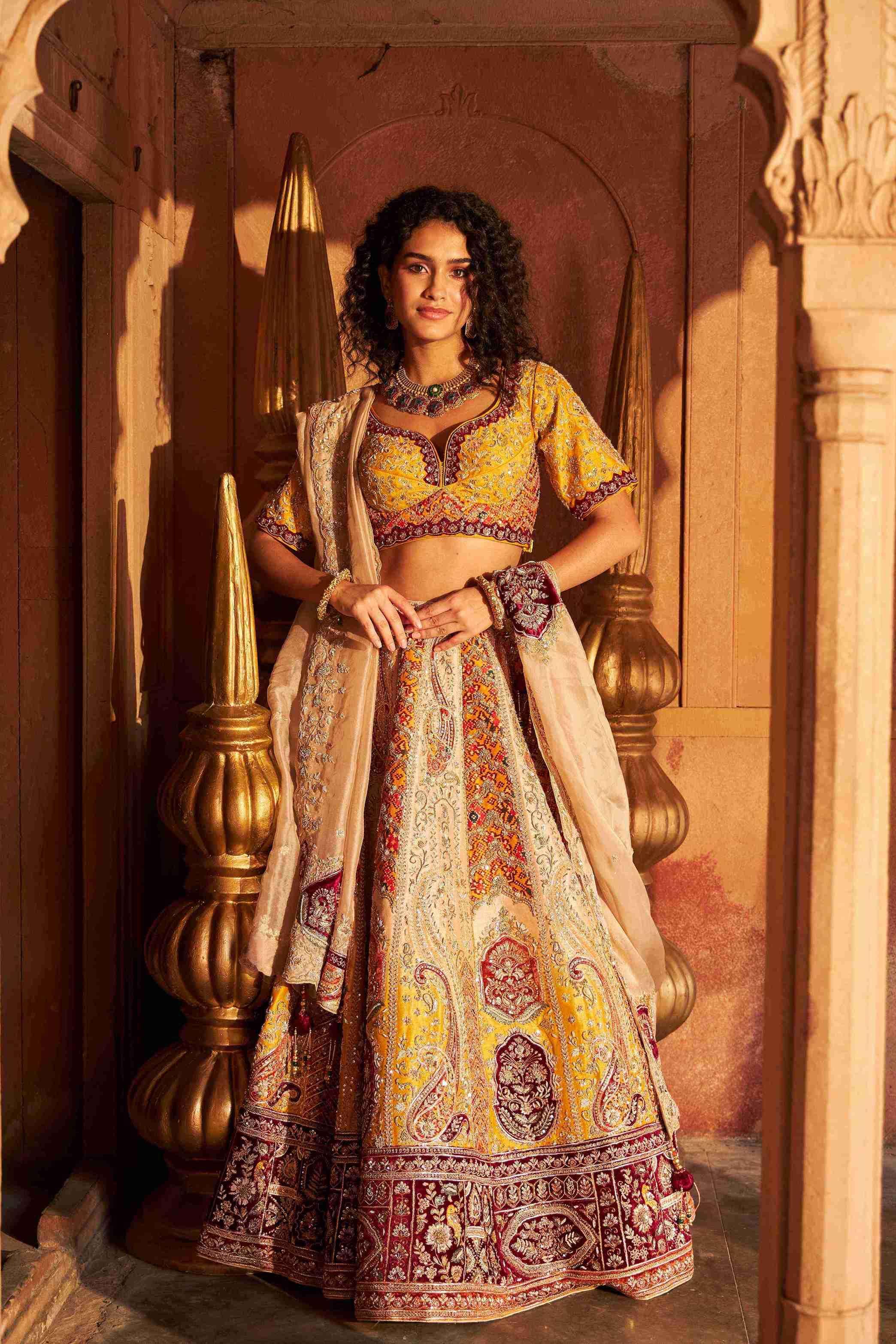 Ivory-Mustard Raw Silk Lehenga with Zardozi, Sequins, and Crystal Work - House of Surya
