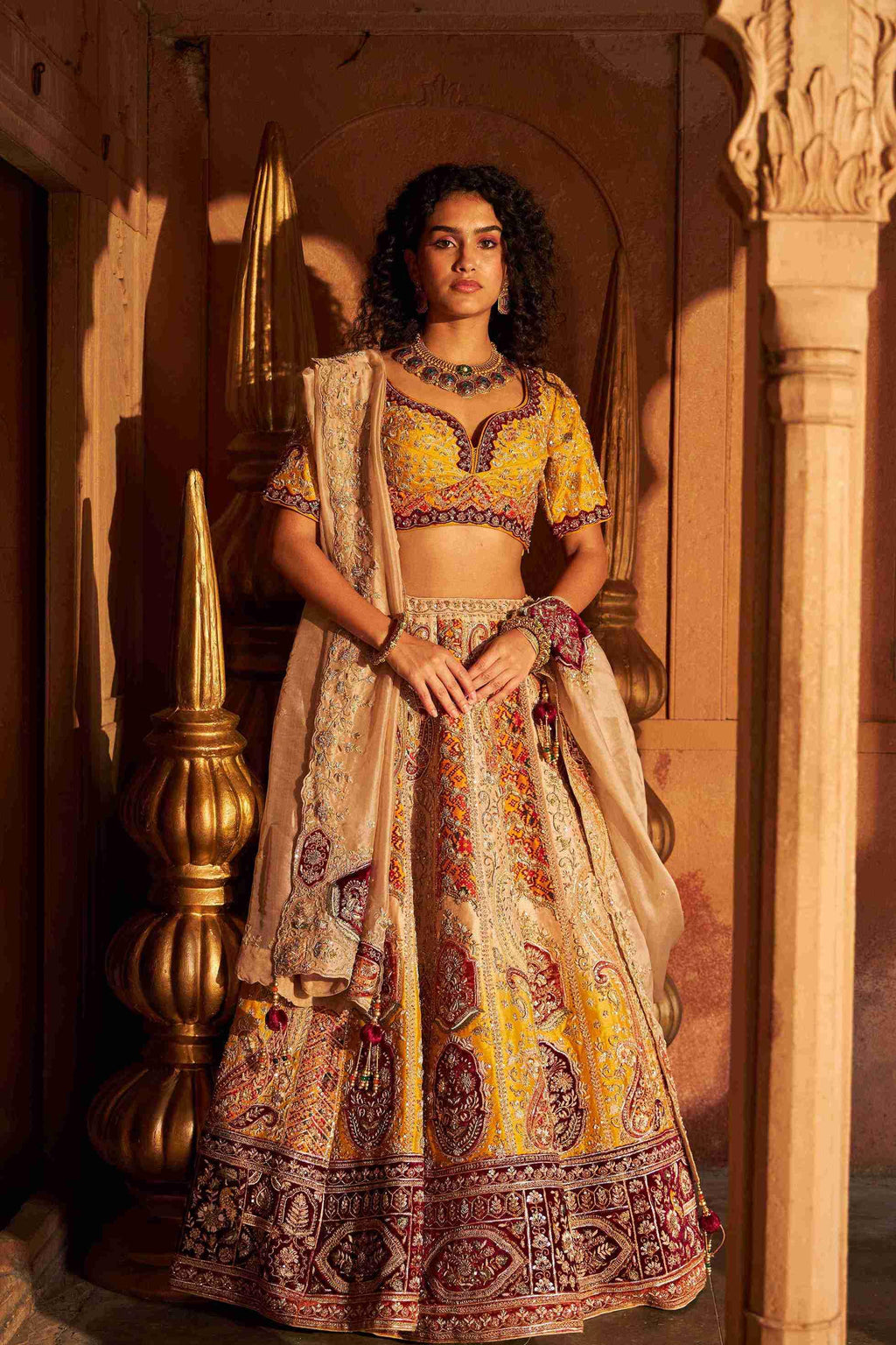 Ivory-Mustard Raw Silk Lehenga with Zardozi, Sequins, and Crystal Work - House of Surya