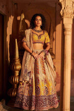 Ivory-Mustard Raw Silk Lehenga with Zardozi, Sequins, and Crystal Work - House of Surya