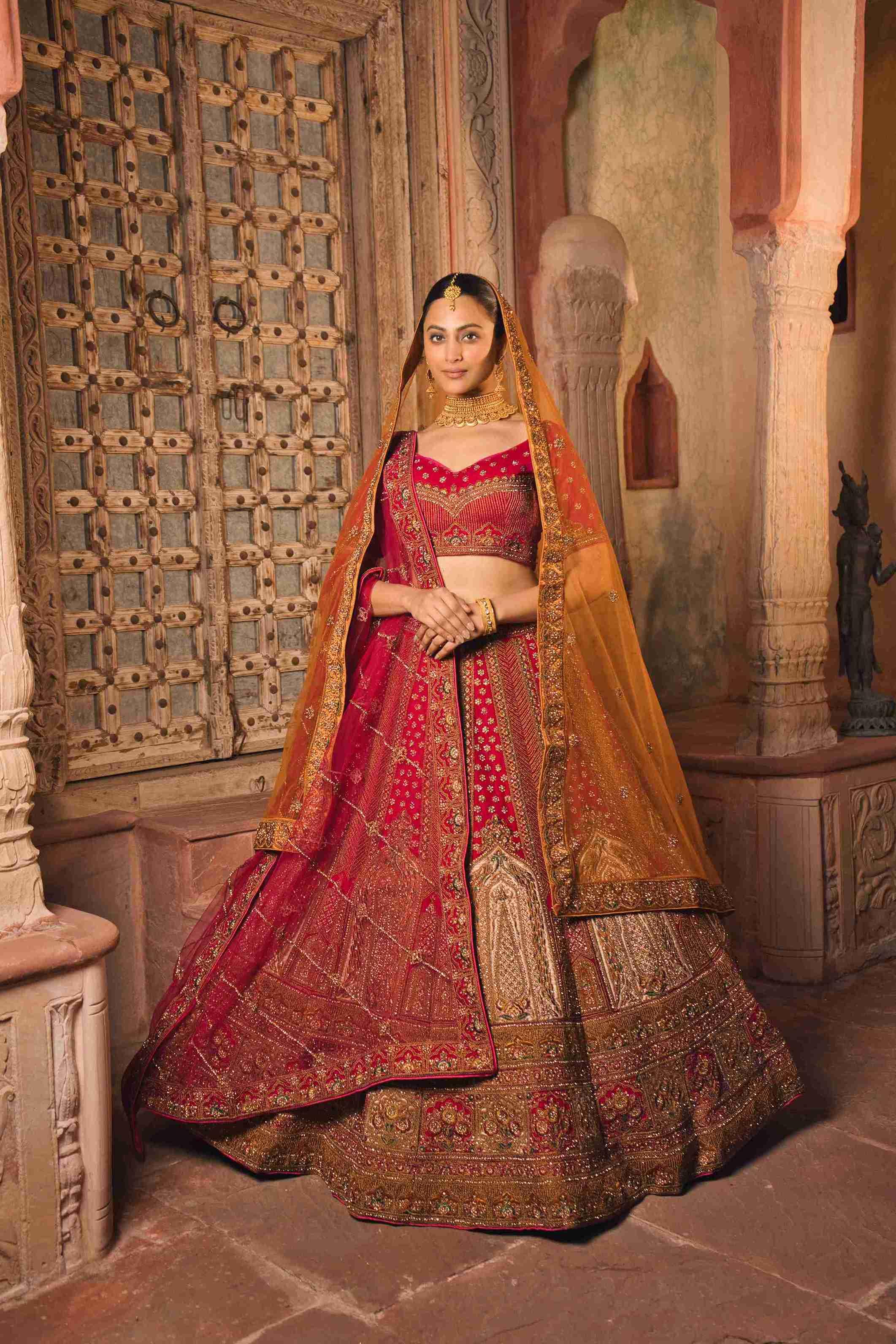 Rani Velvet Bridal Lehenga with Zari, Zarkan & Cutdana Work - House of Surya