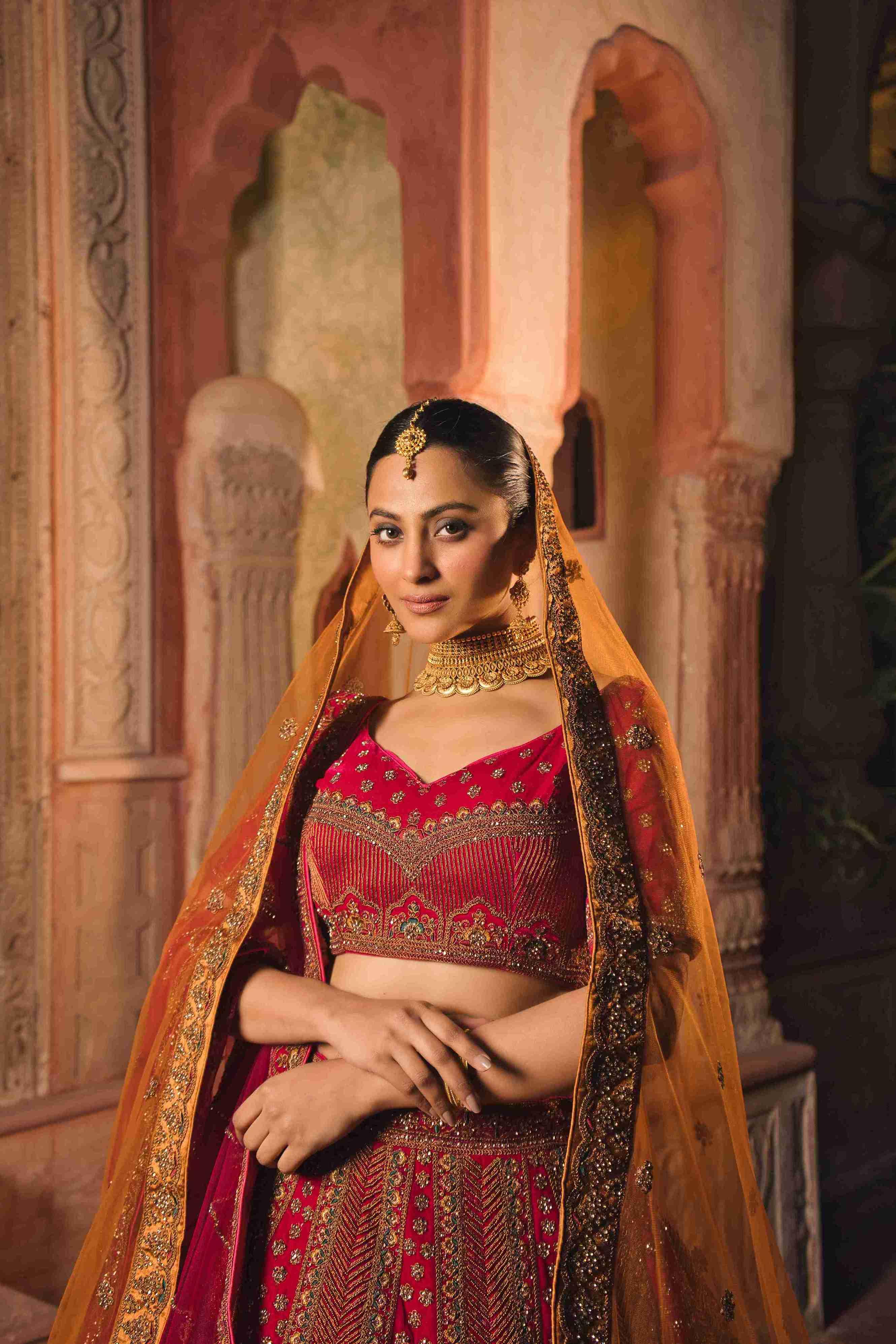 Rani Velvet Bridal Lehenga with Zari, Zarkan & Cutdana Work - House of Surya