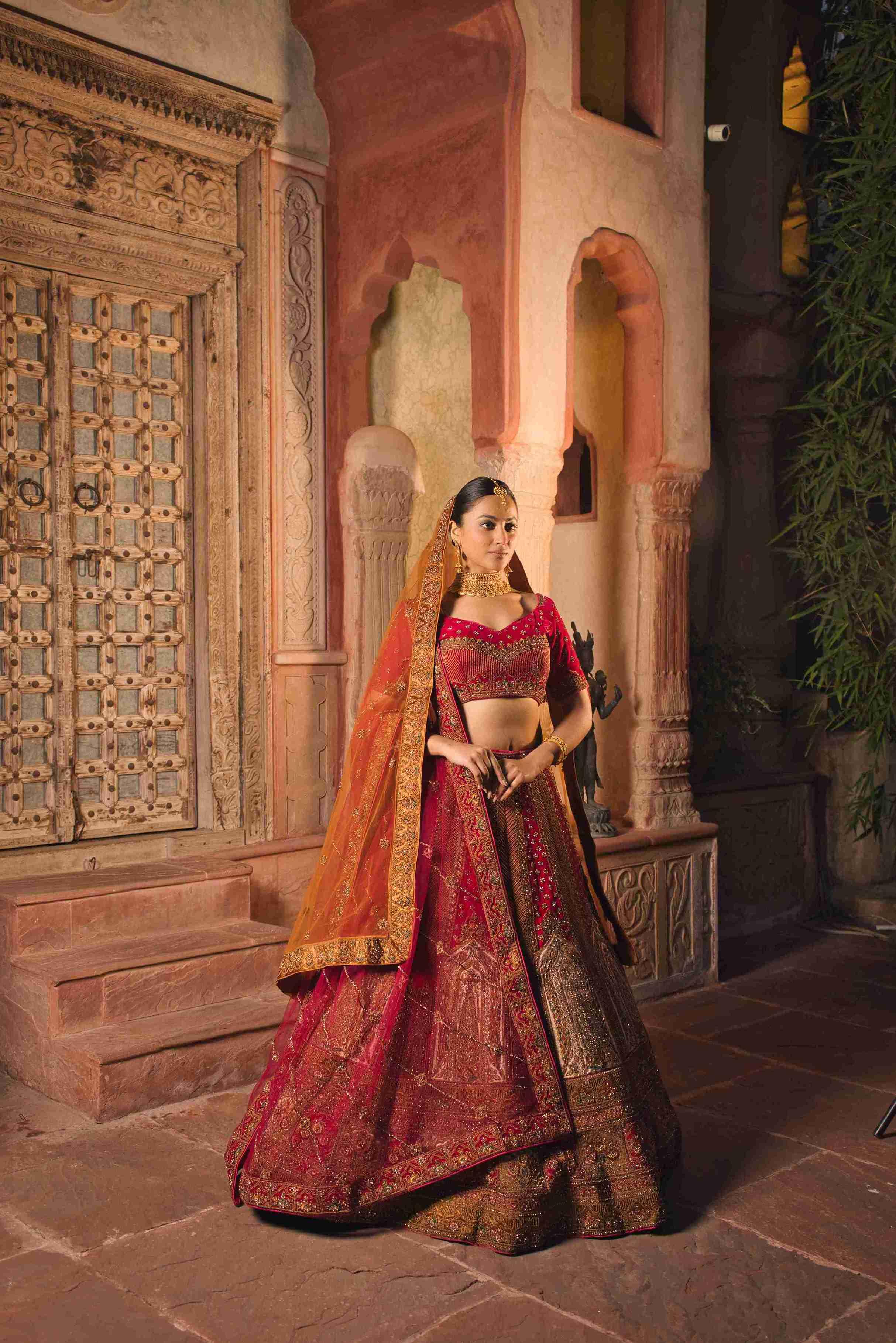 Rani Velvet Bridal Lehenga with Zari, Zarkan & Cutdana Work - House of Surya