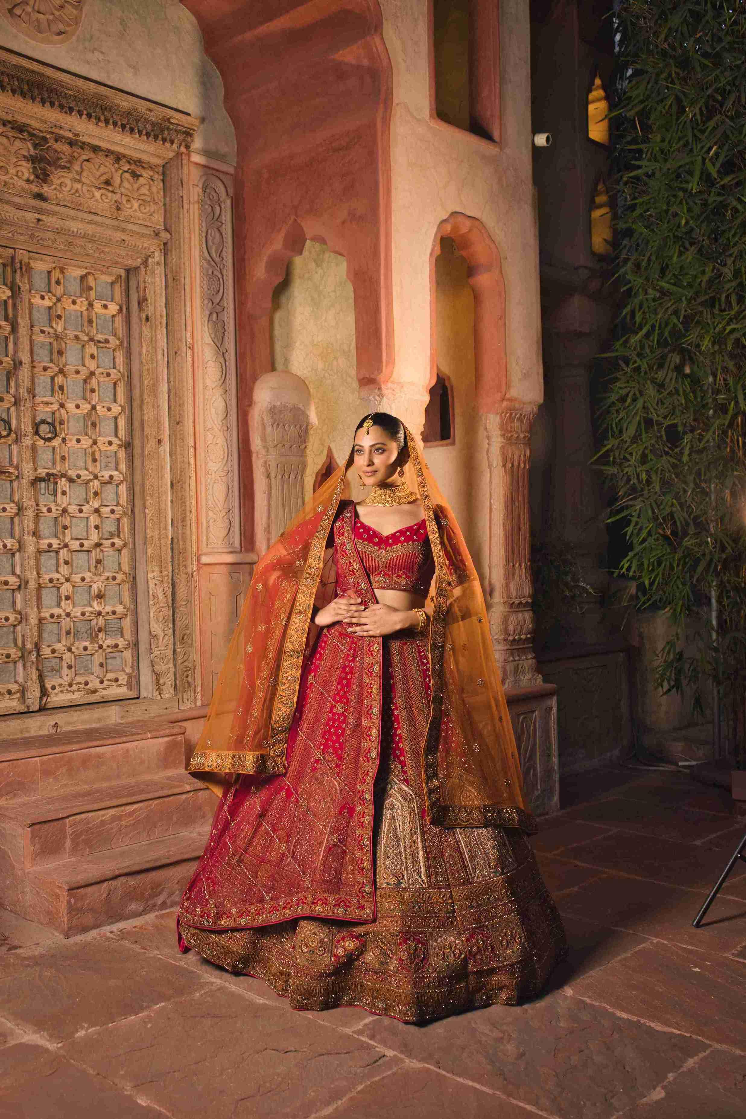 Rani Velvet Bridal Lehenga with Zari, Zarkan & Cutdana Work - House of Surya