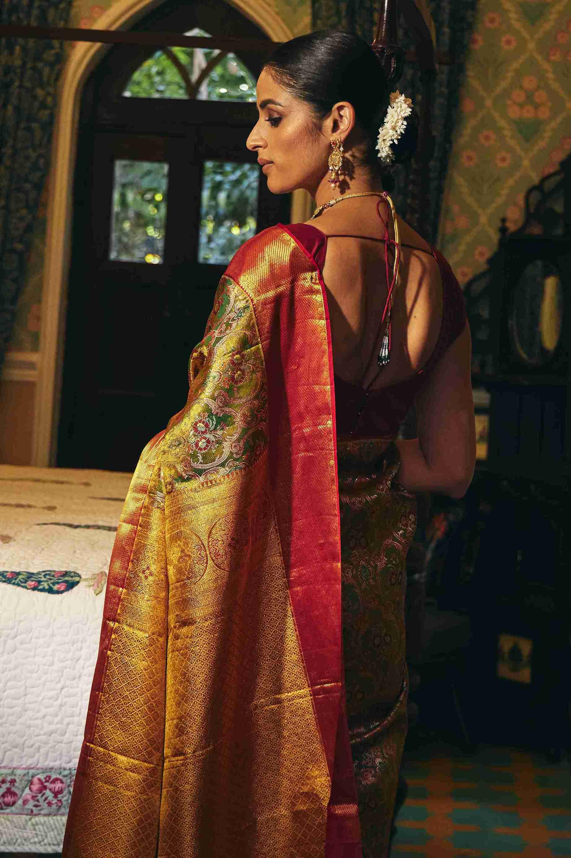Pure Kanjivaram Silk Saree with Contrast Border and Zari weaving - House of Surya