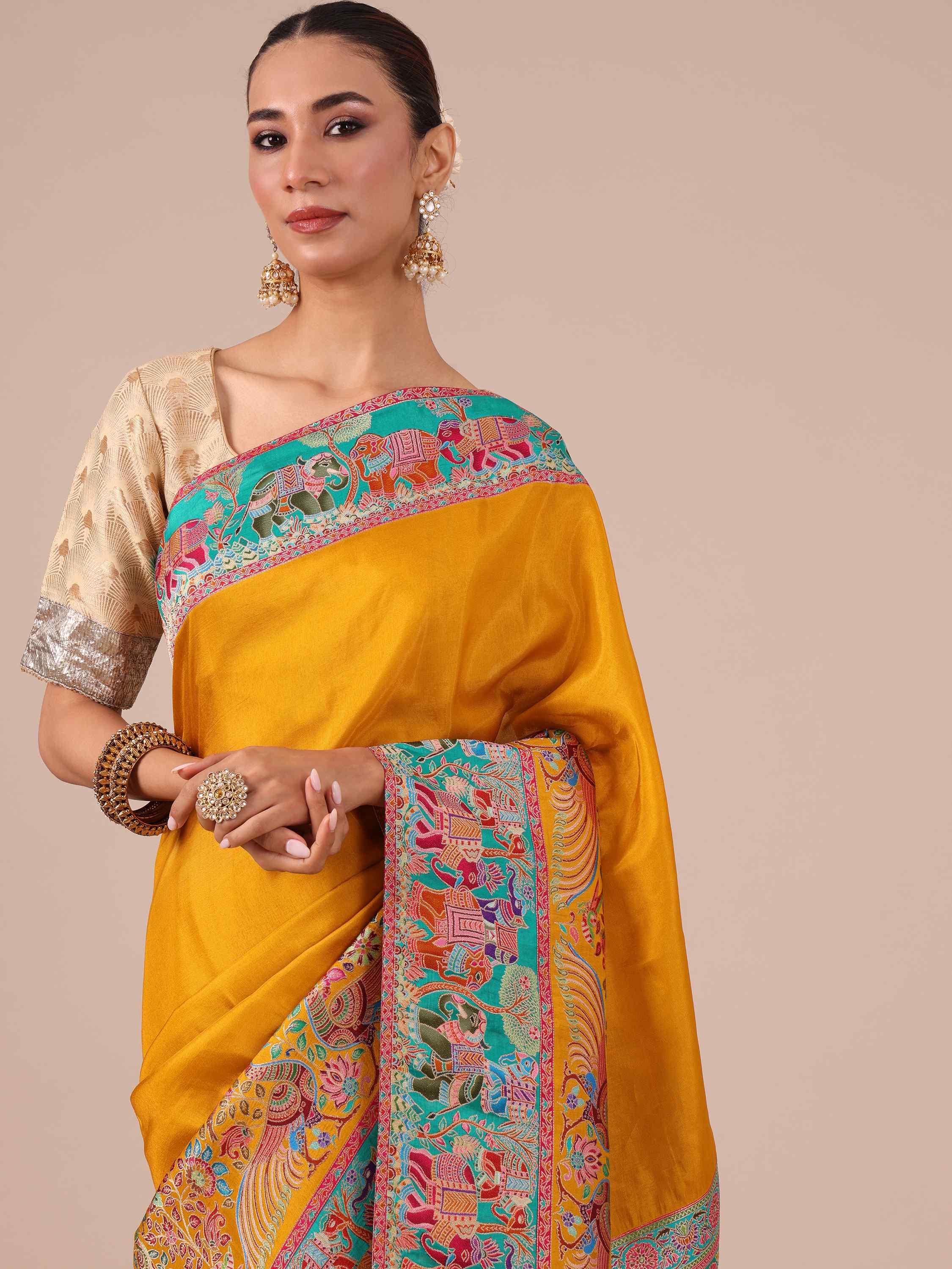 Mustard Color Silk Saree with Unstitched Blouse - House of Surya