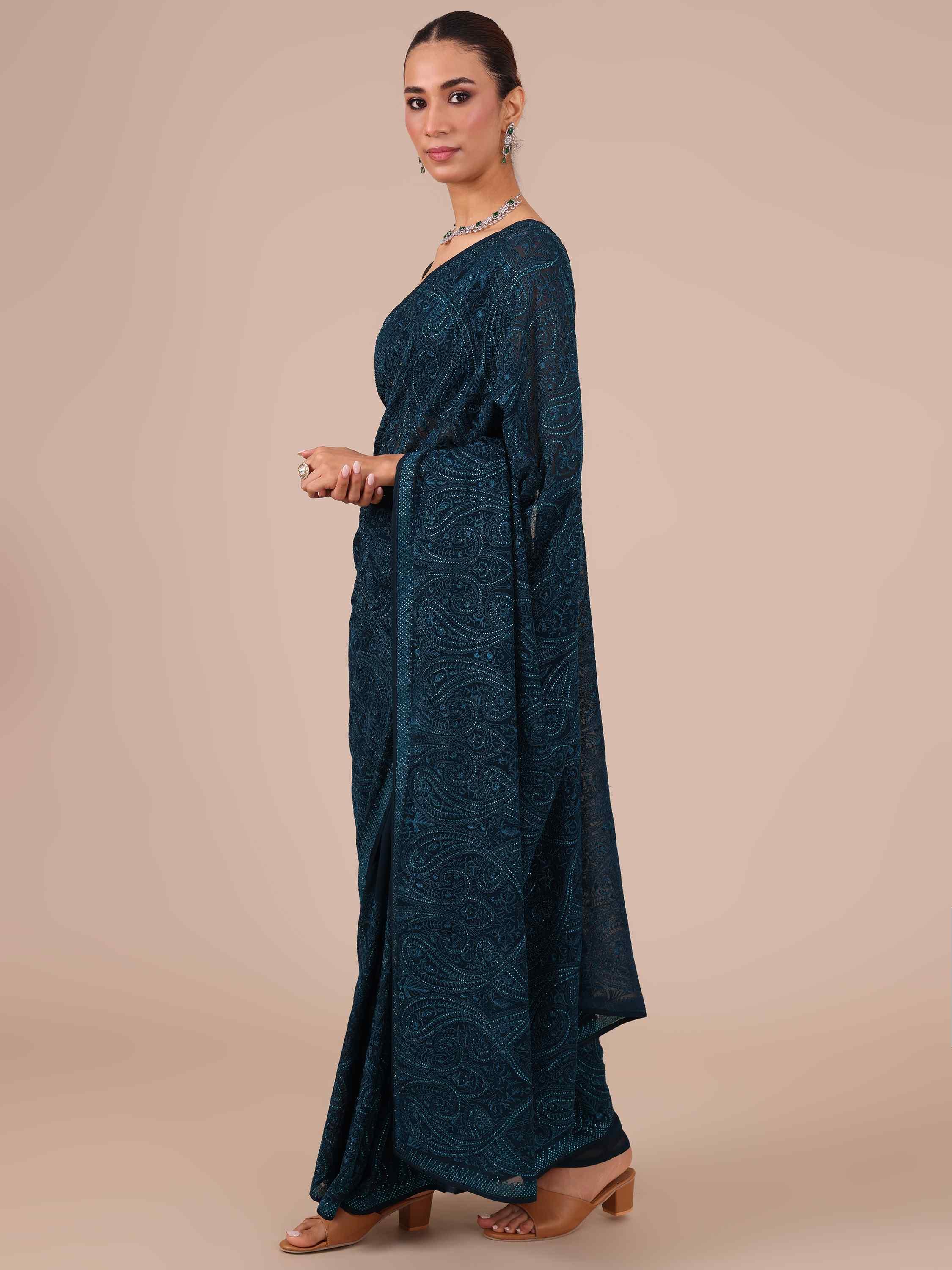 Georgette Saree in Peacock Blue - House of Surya 