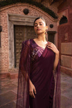 Wine Color Lycra Drape Saree With Sequins, Cut Dana & Pearl Work - House of Surya