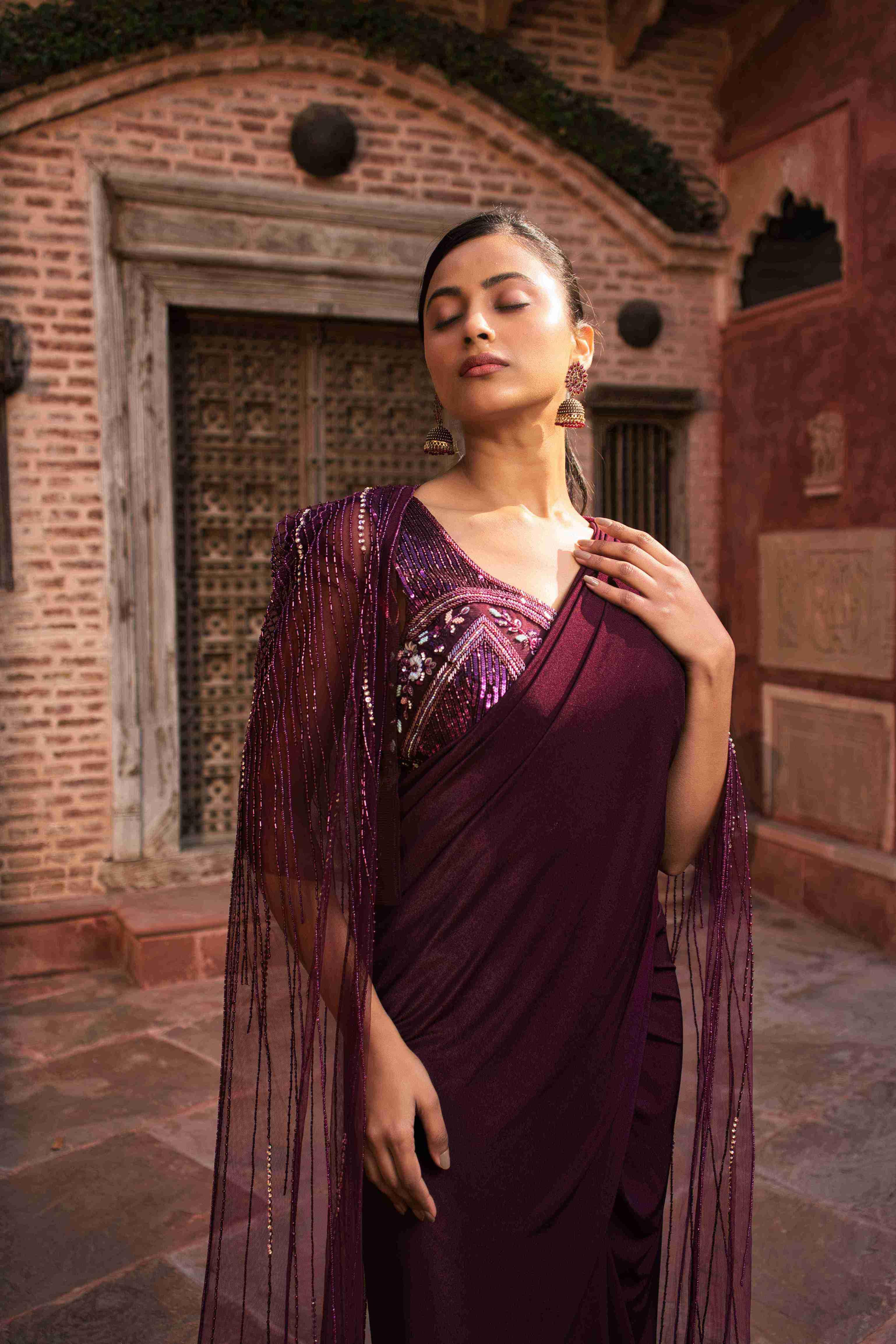 Wine Color Lycra Drape Saree With Sequins, Cut Dana & Pearl Work - House of Surya