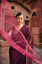 Wine Color Lycra Drape Saree With Sequins, Cut Dana & Pearl Work - House of Surya