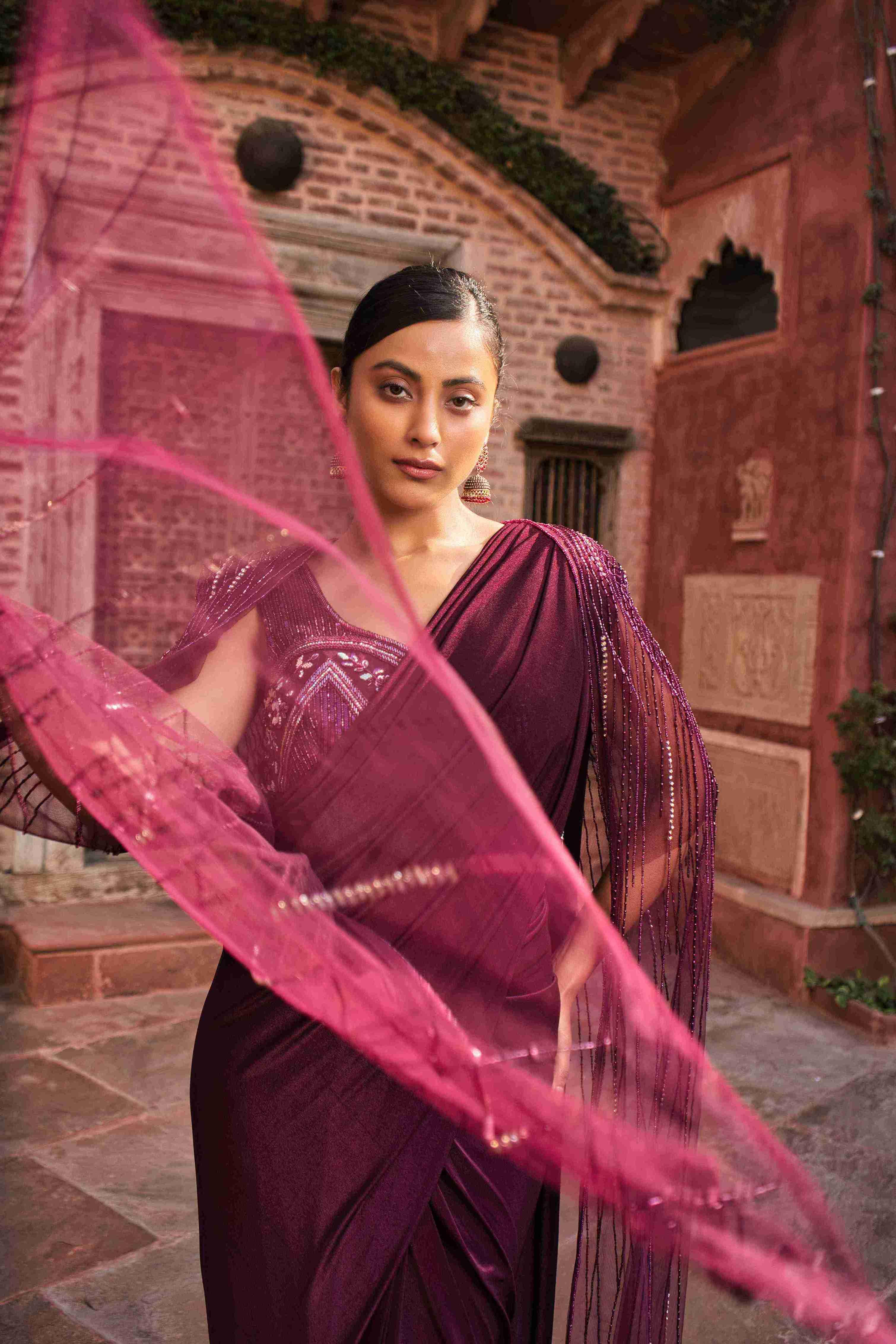 Wine Color Lycra Drape Saree With Sequins, Cut Dana & Pearl Work - House of Surya