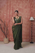 Mehendi Color Drape Saree With Cutdana and Sequins Work - House of Surya