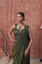 Mehendi Color Drape Saree With Cutdana and Sequins Work - House of Surya