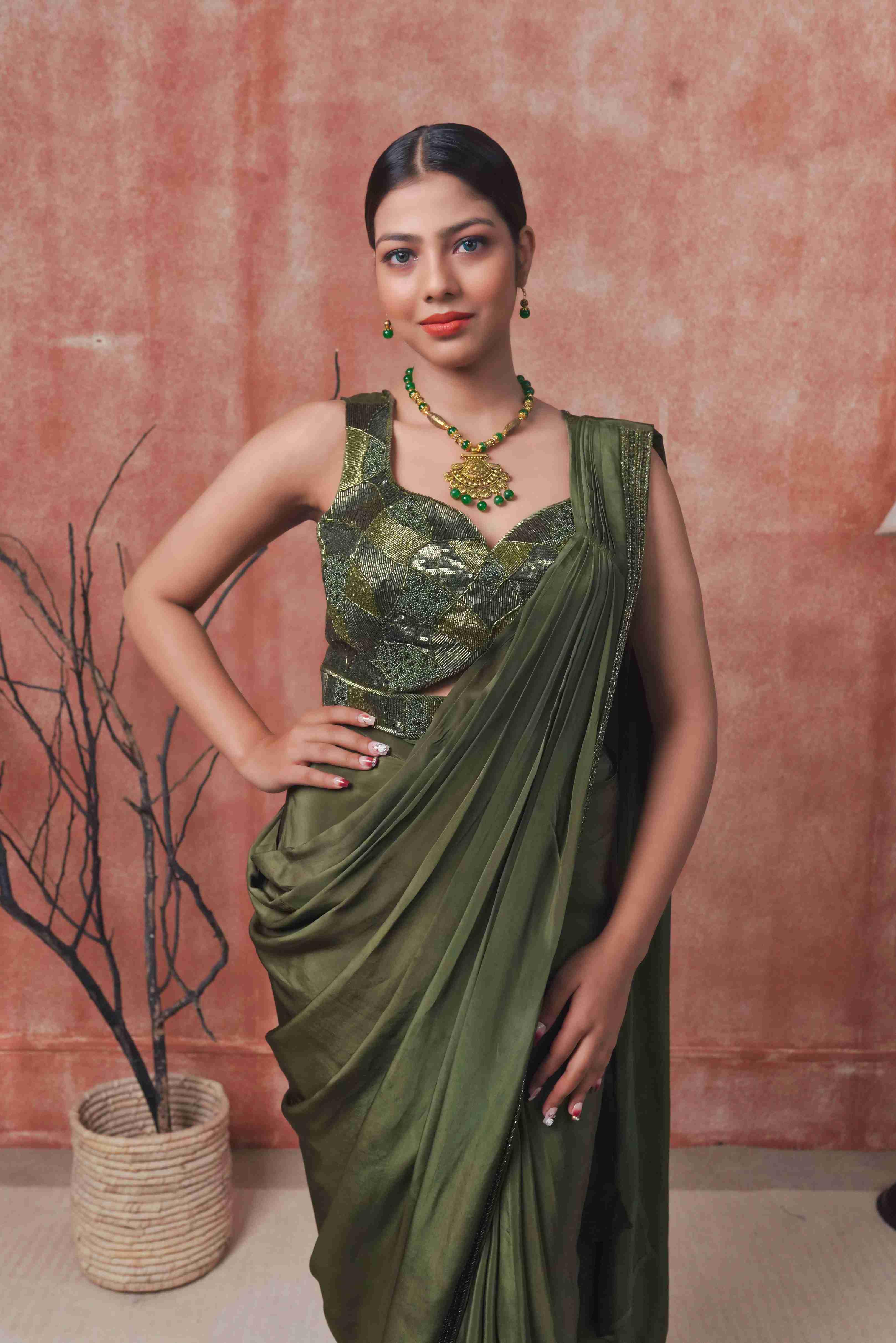 Mehendi Color Drape Saree With Cutdana and Sequins Work - House of Surya