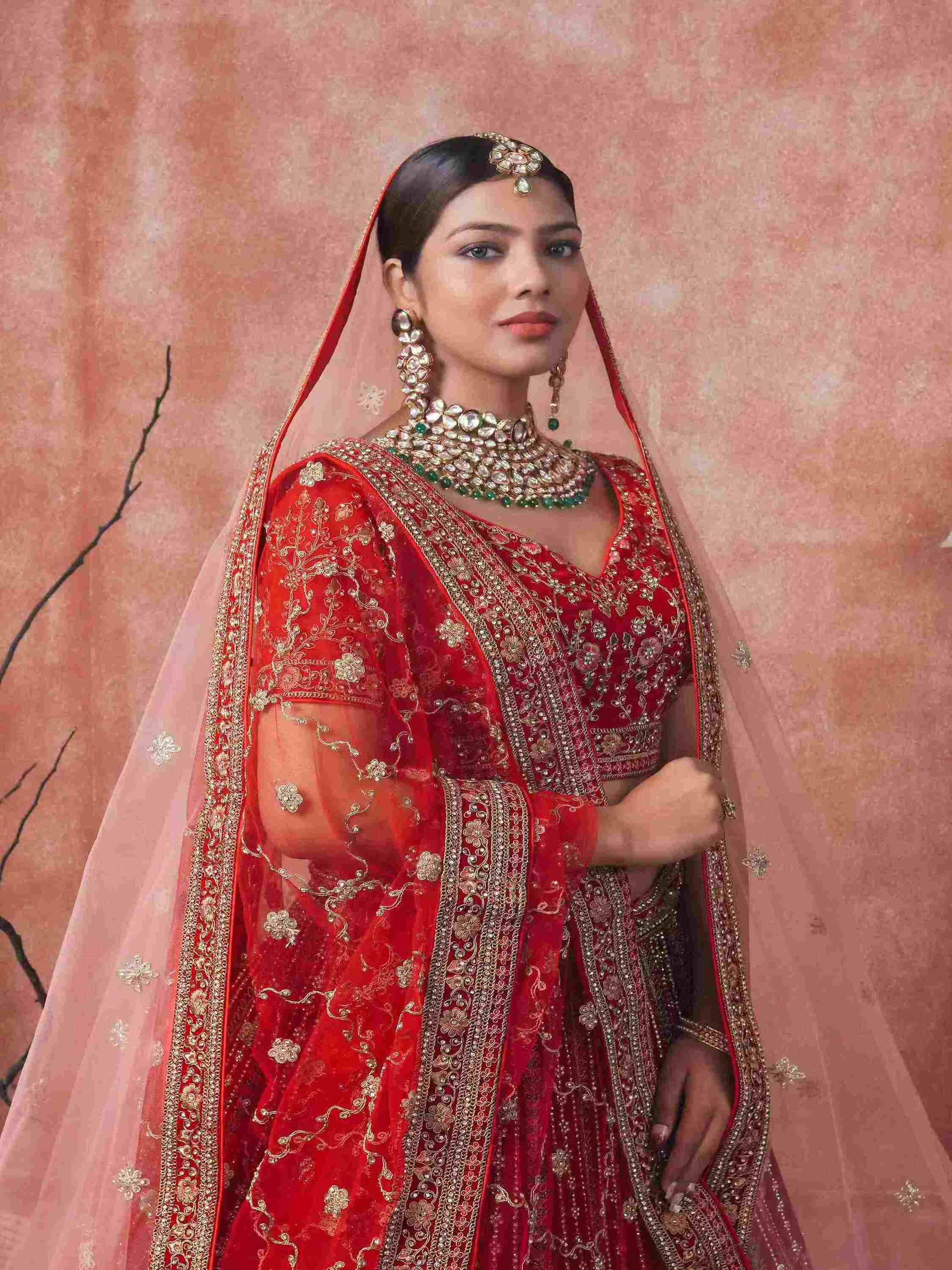 Maroon Velvet Bridal Lehenga with Zari, Zarkan & Poth Work - House of Surya