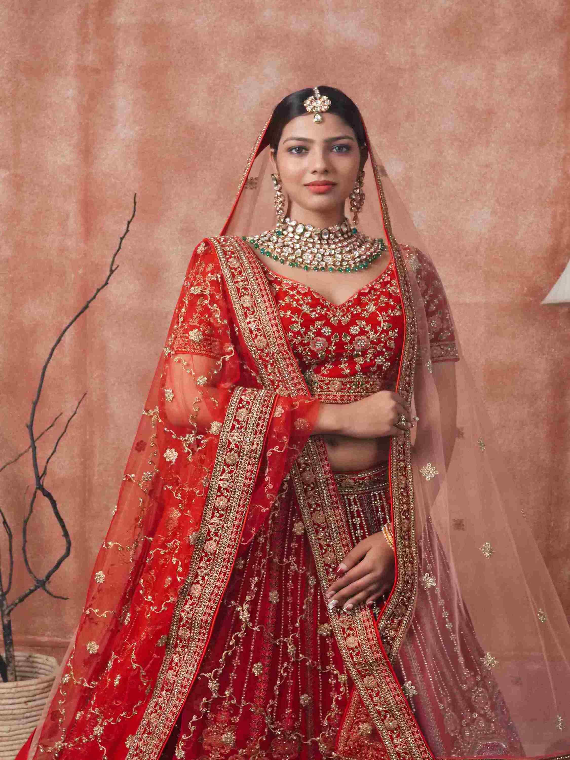 Maroon Velvet Bridal Lehenga with Zari, Zarkan & Poth Work - House of Surya