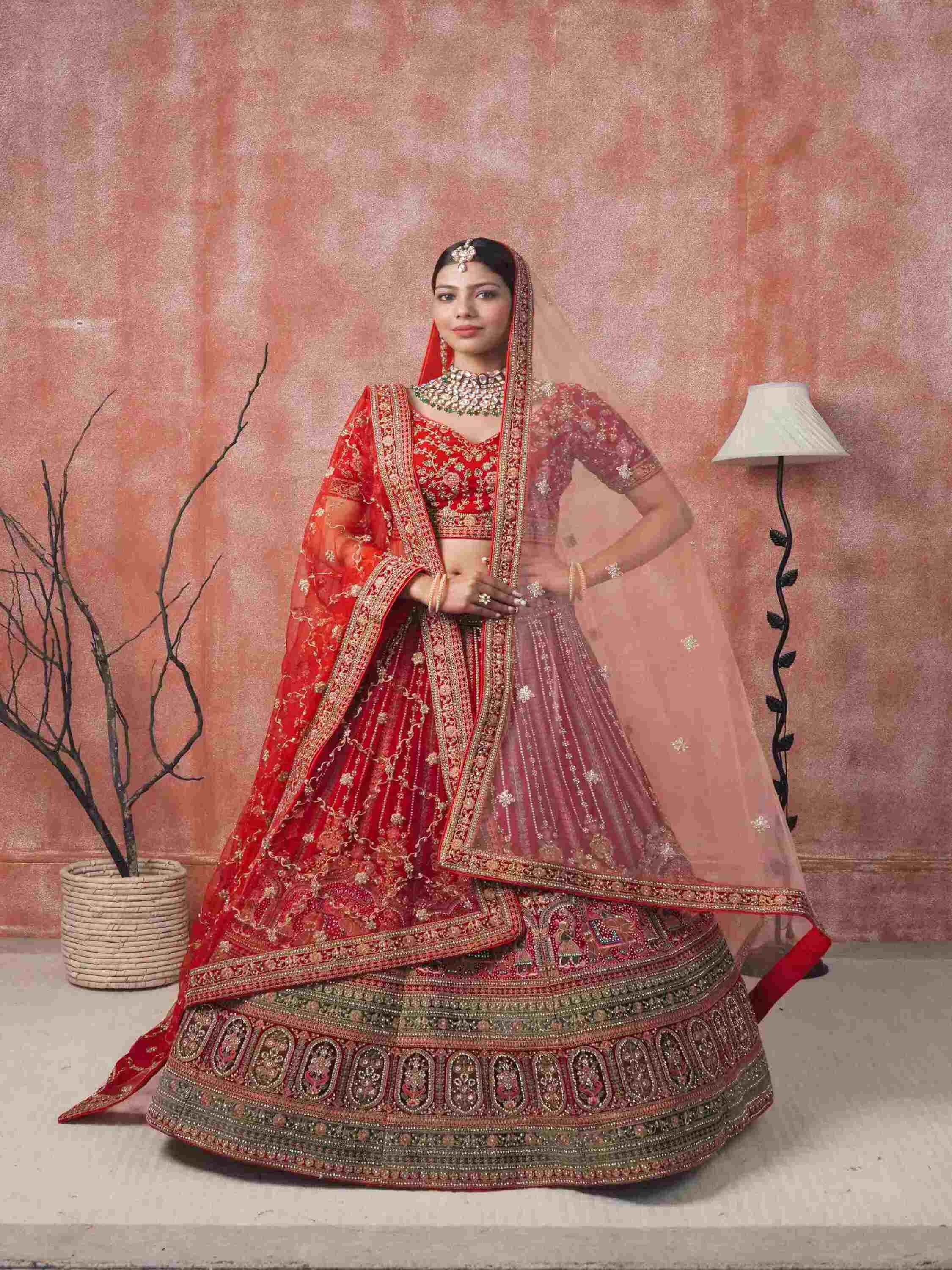 Maroon Velvet Bridal Lehenga with Zari, Zarkan & Poth Work - House of Surya