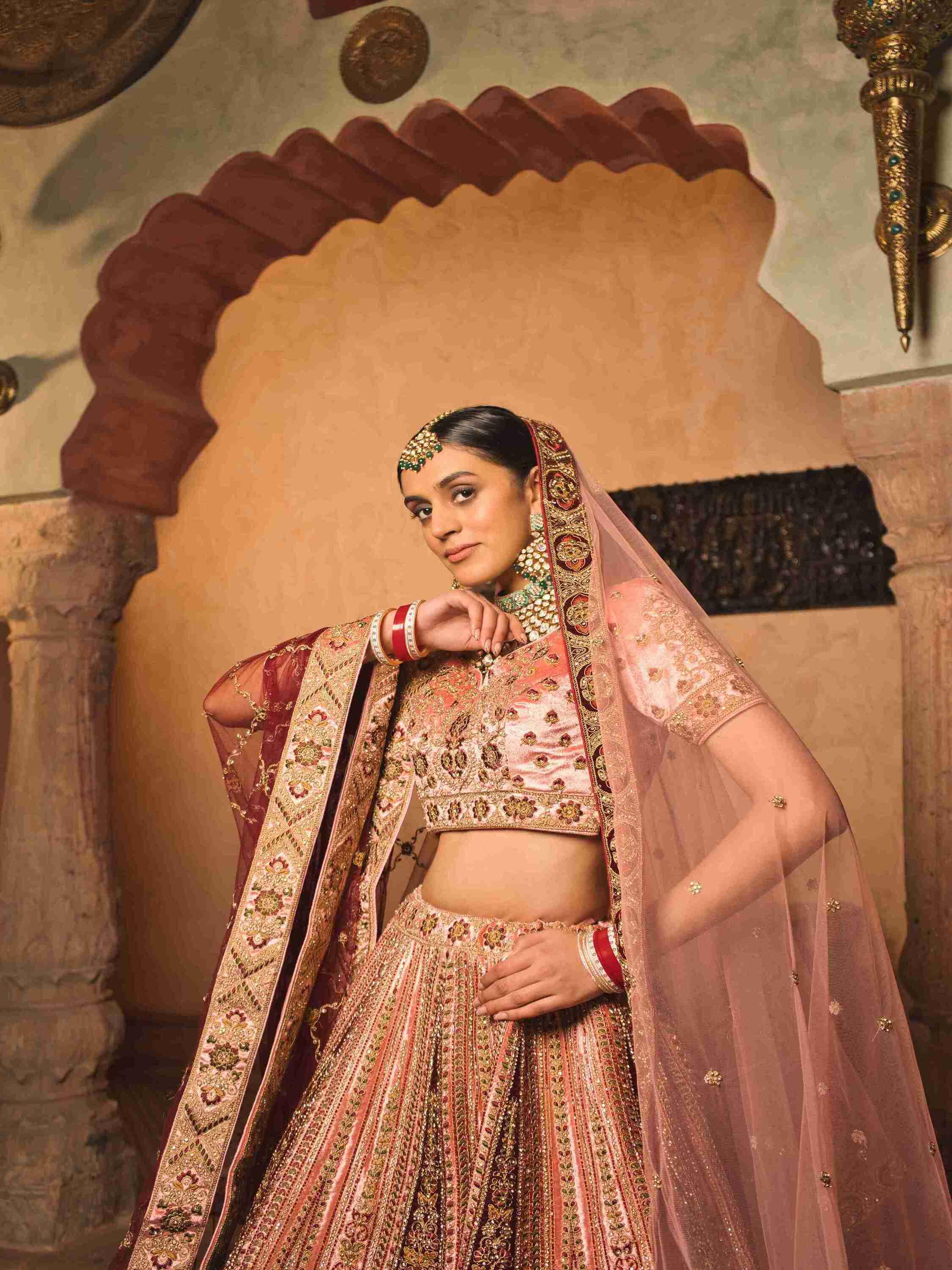 Velvet Bridal Lehenga with Zari, Zarkan & Cutdana Work - House of Surya