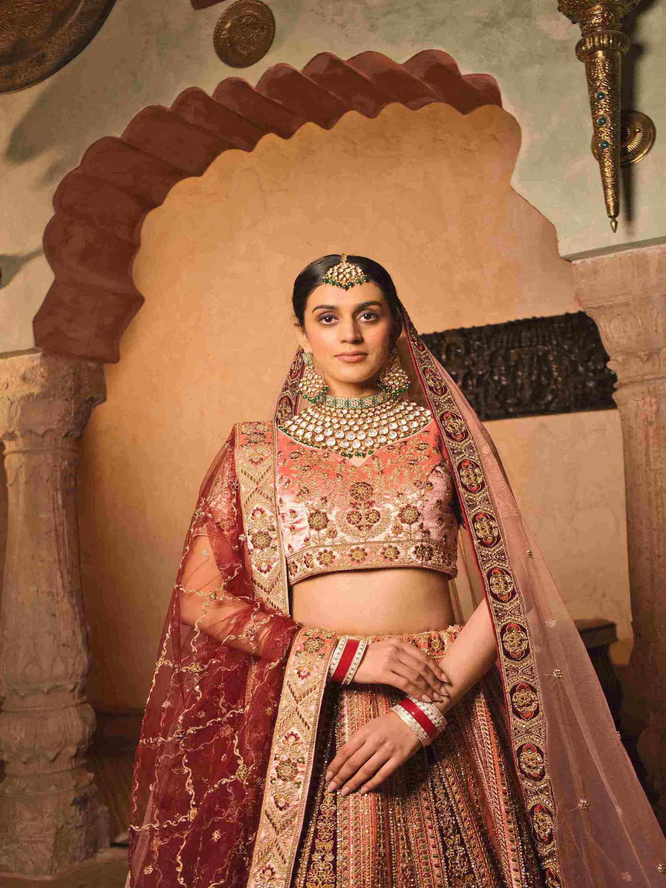 Velvet Bridal Lehenga with Zari, Zarkan & Cutdana Work - House of Surya