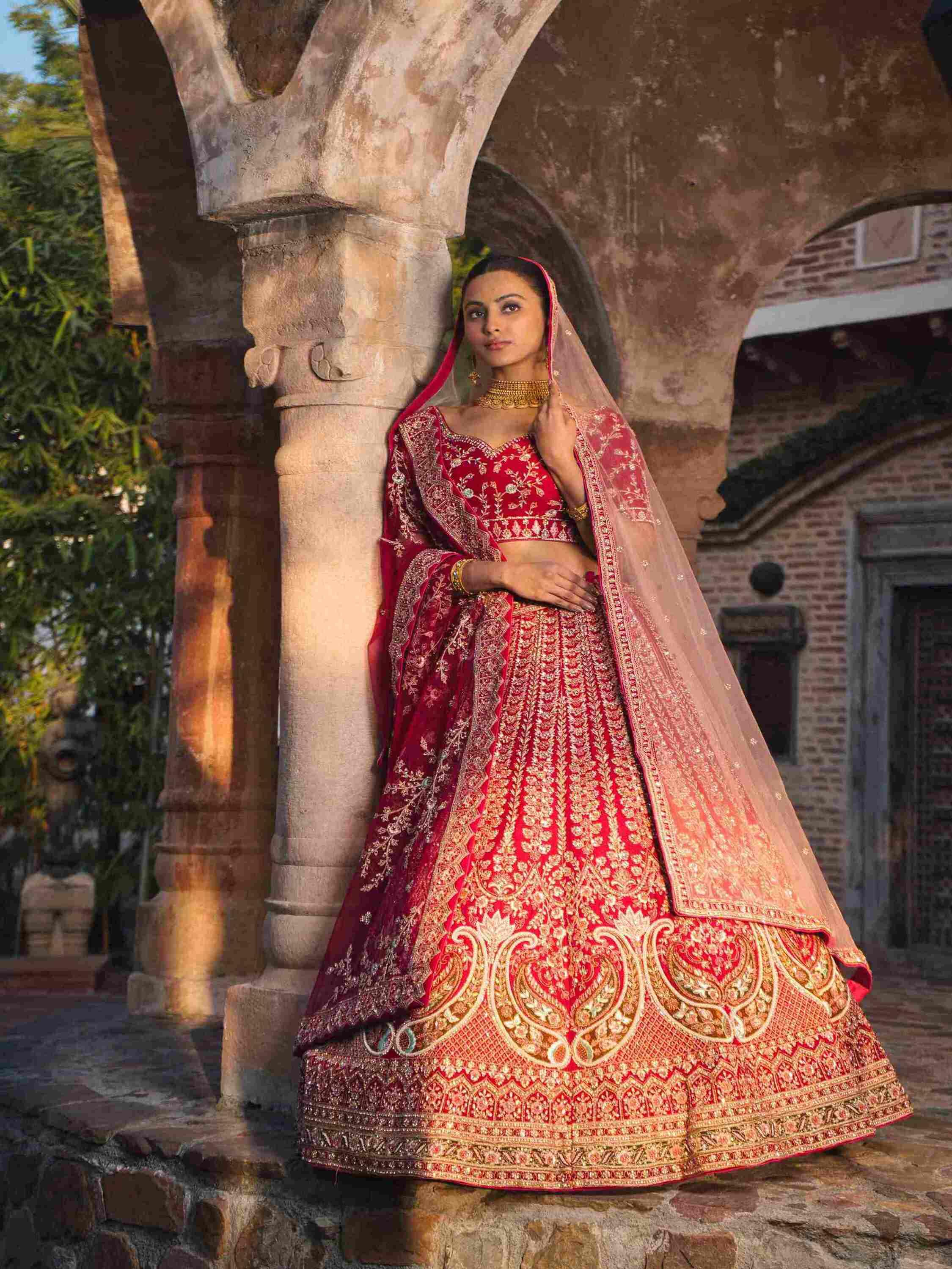 Velvet Bridal Lehenga with Zari, Dapka & Sequins Work - House of Surya