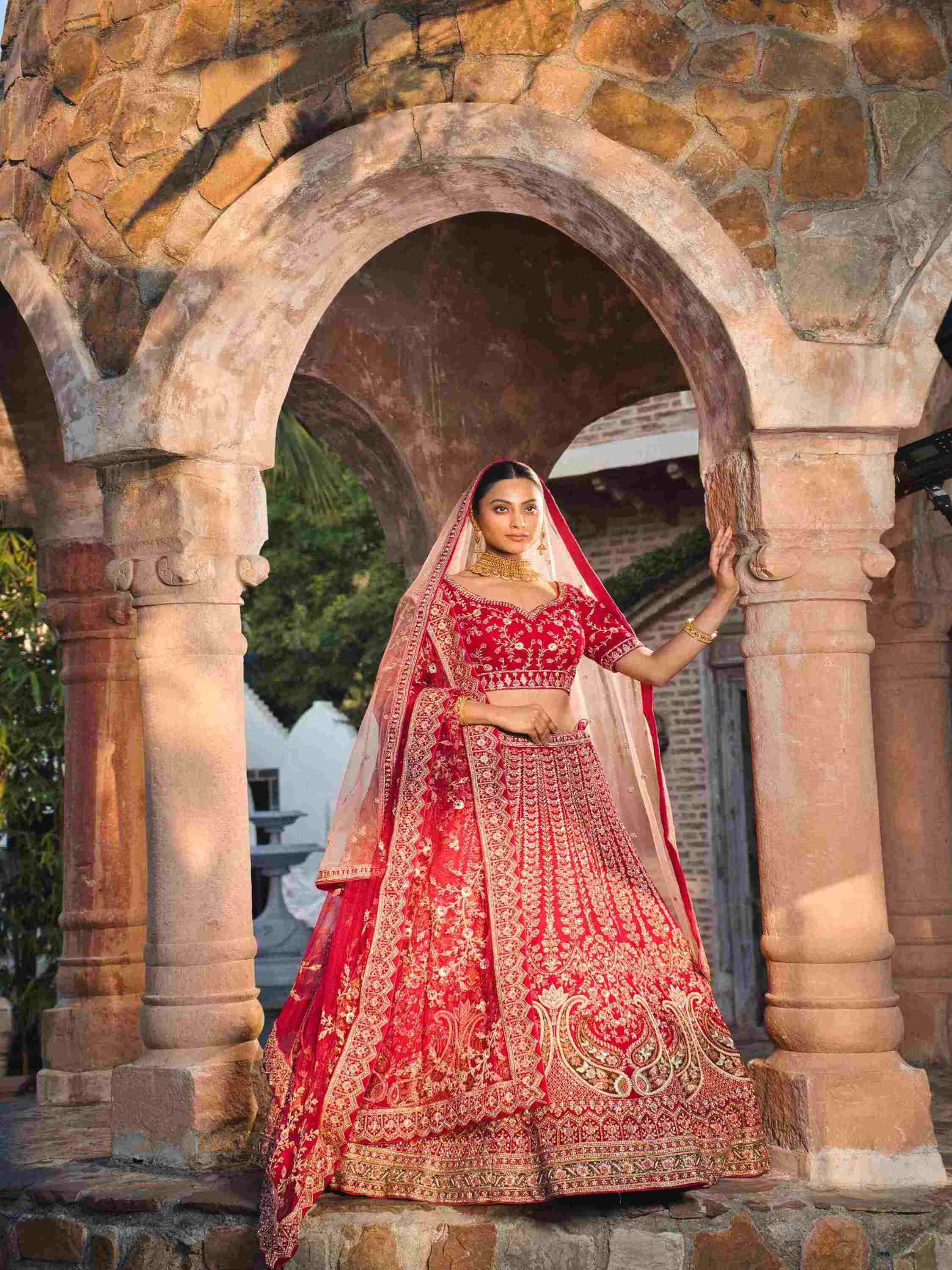 Velvet Bridal Lehenga with Zari, Dapka & Sequins Work - House of Surya