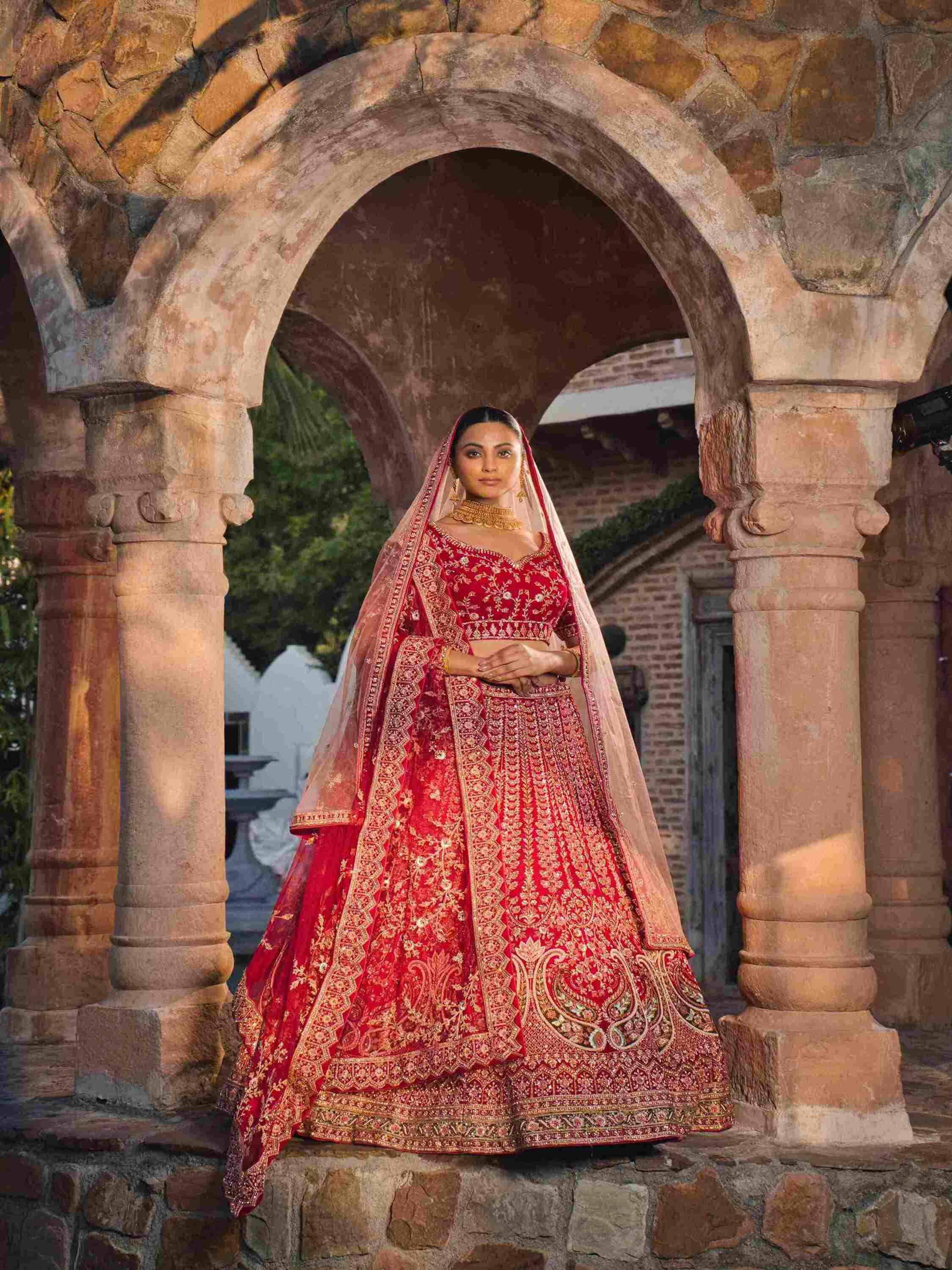 Velvet Bridal Lehenga with Zari, Dapka & Sequins Work - House of Surya