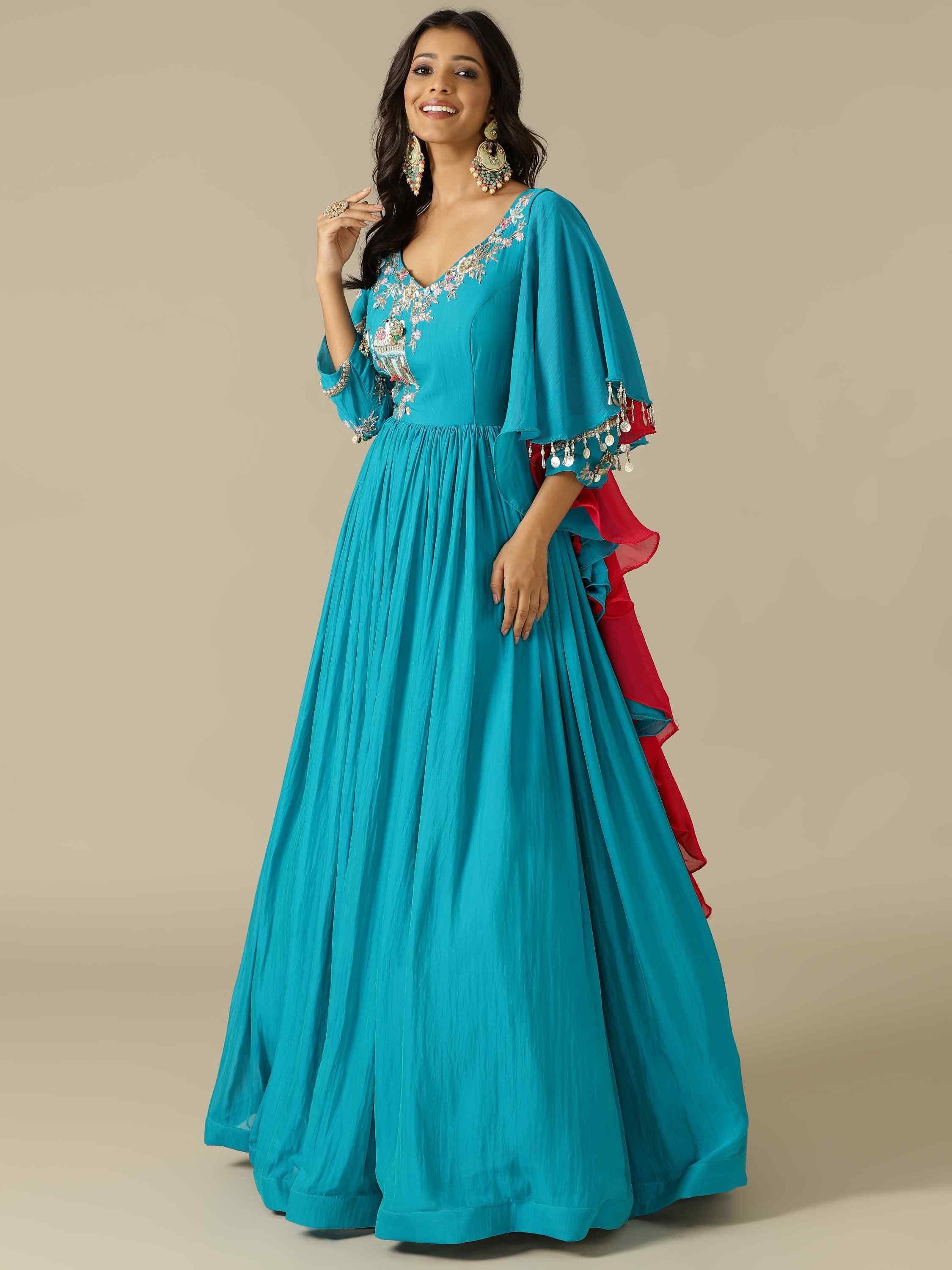 Gown in two-tone georgette fabric with thread, sequins, and cut Dana work - House of Surya