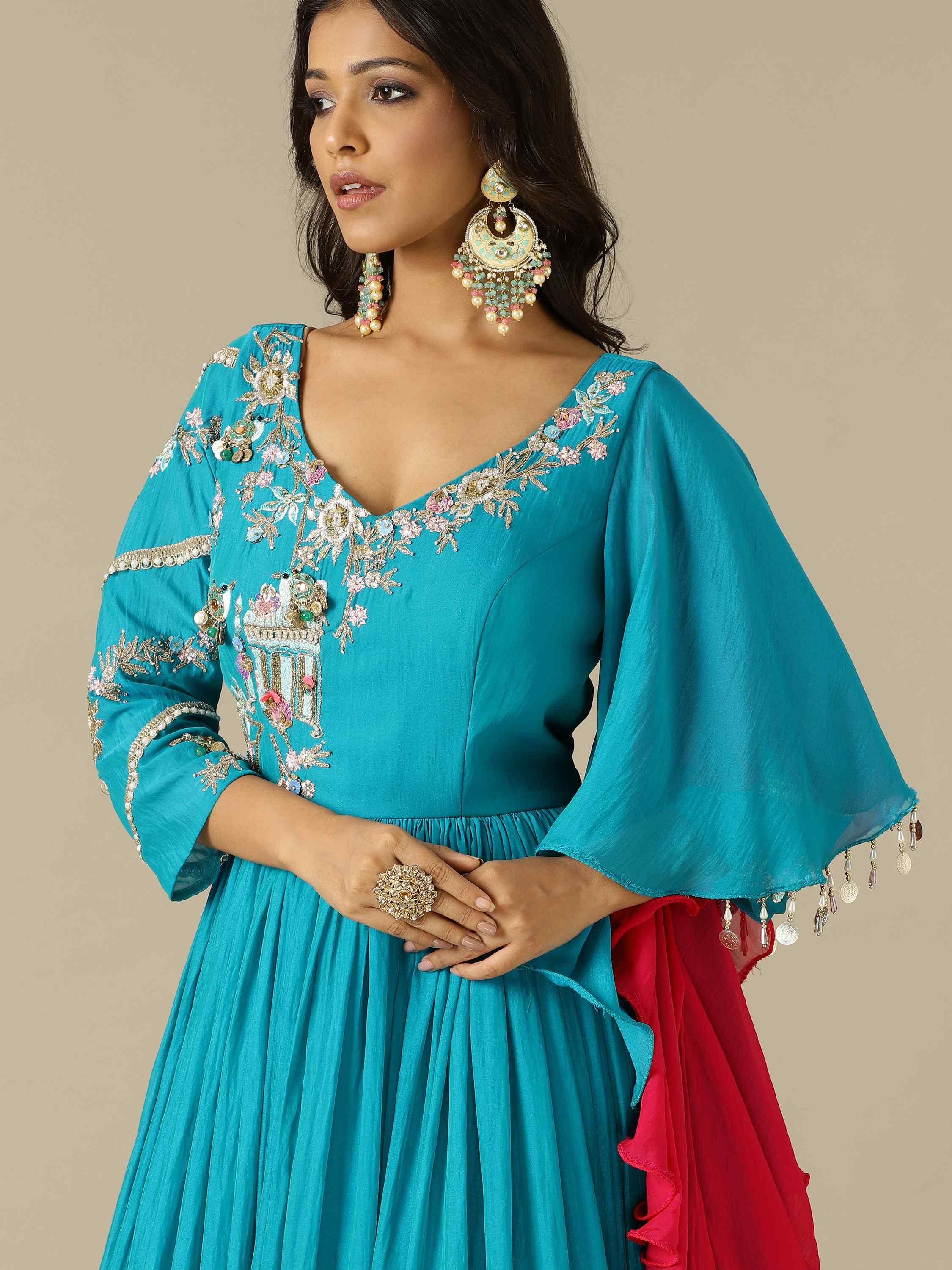 Gown in two-tone georgette fabric with thread, sequins, and cut Dana work - House of Surya