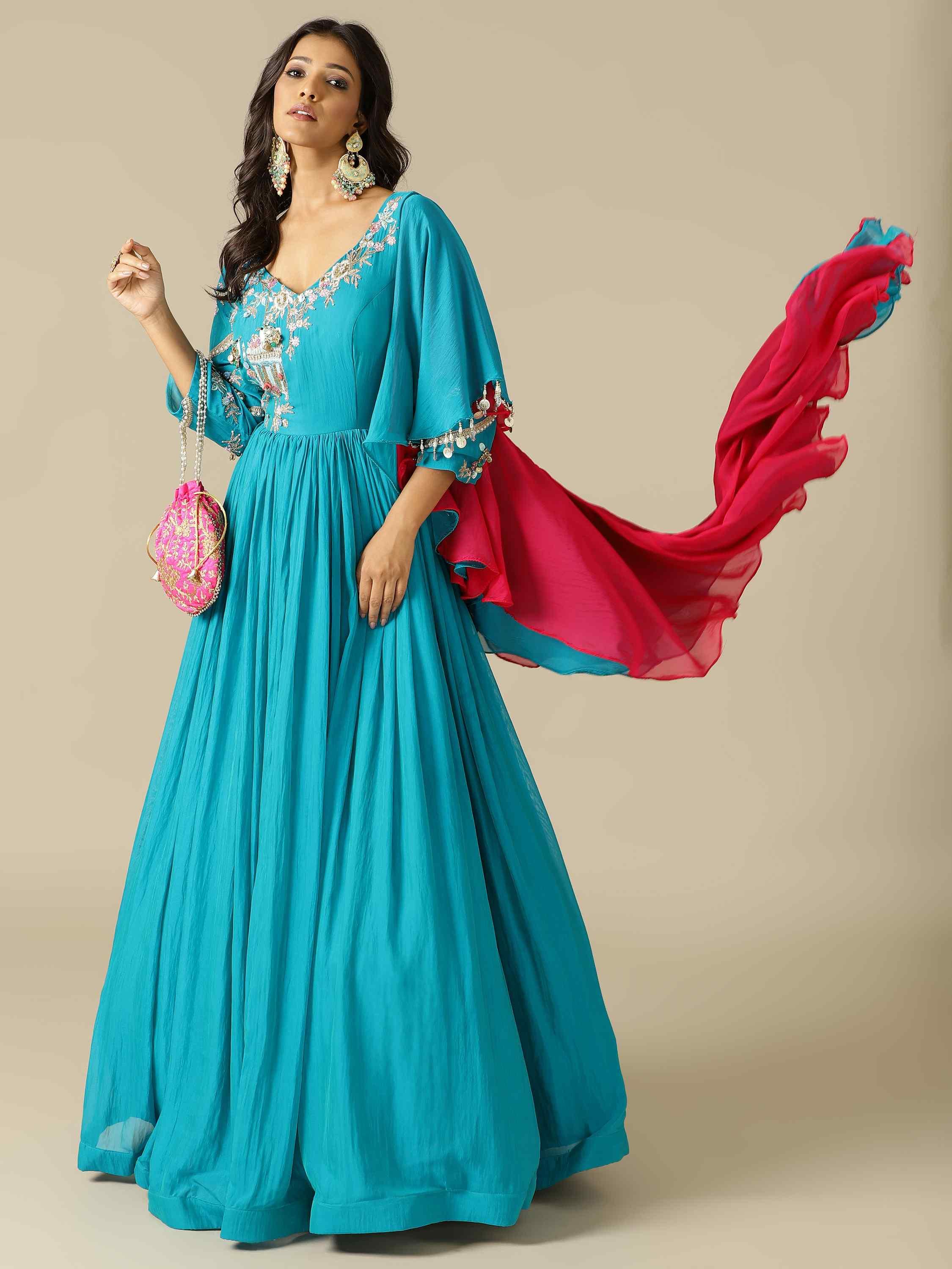 Gown in two-tone georgette fabric with thread, sequins, and cut Dana work - House of Surya