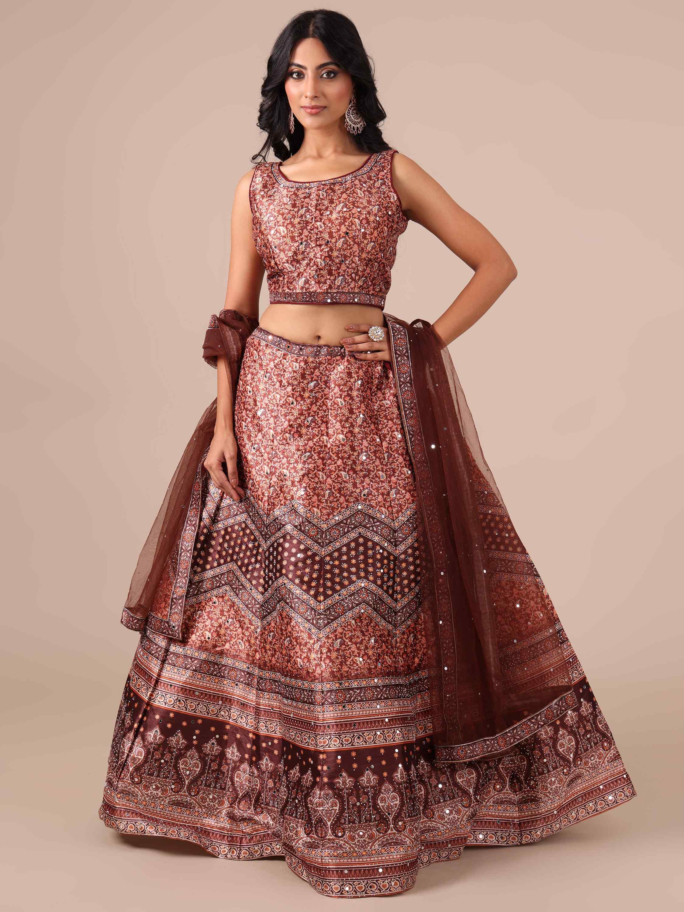 Brown Color Printed Lehenga Choli with Net Dupatta - House of Surya