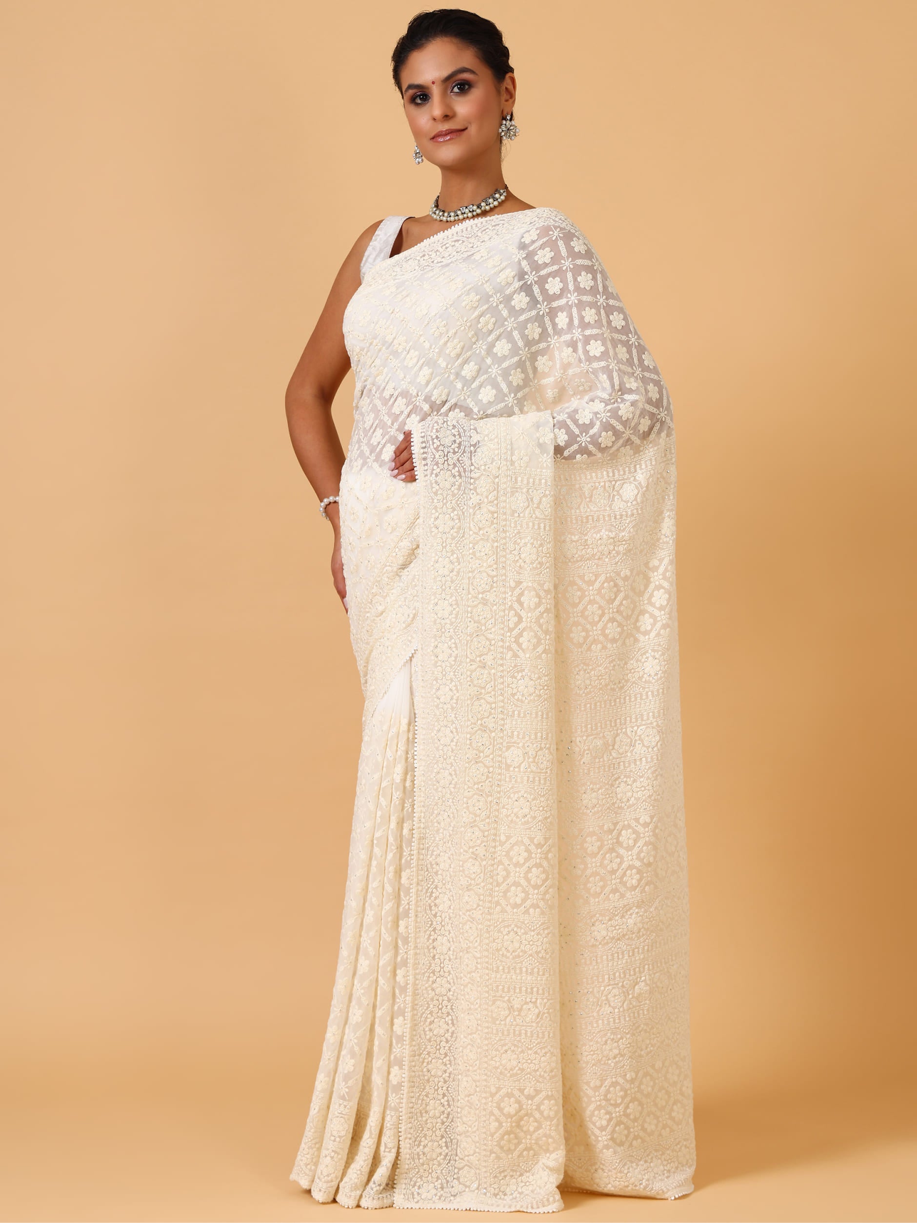 Ivory Lucknowi Georgette Saree – Unstitched - House of Surya