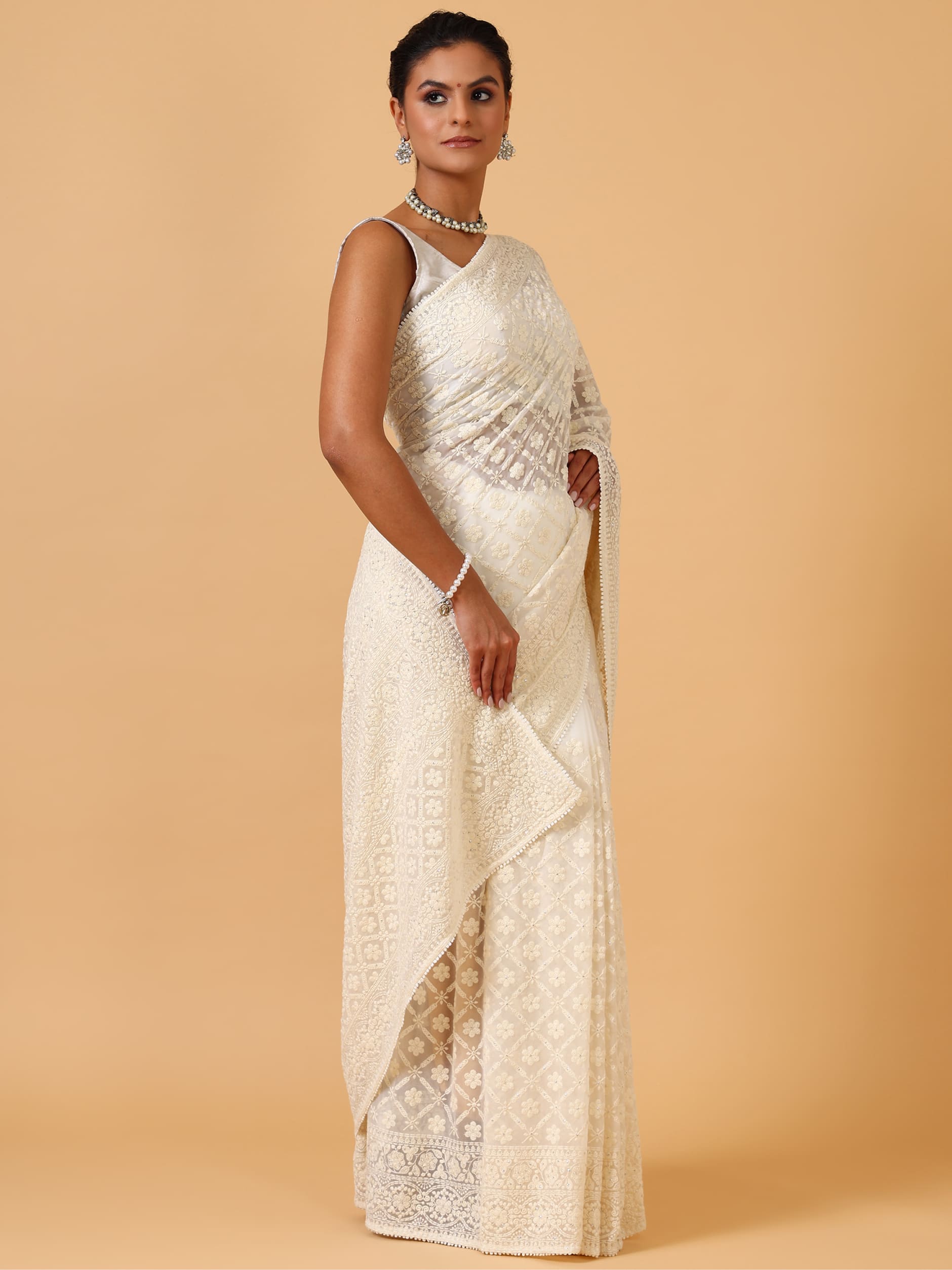 Ivory Lucknowi Georgette Saree – Unstitched - House of Surya