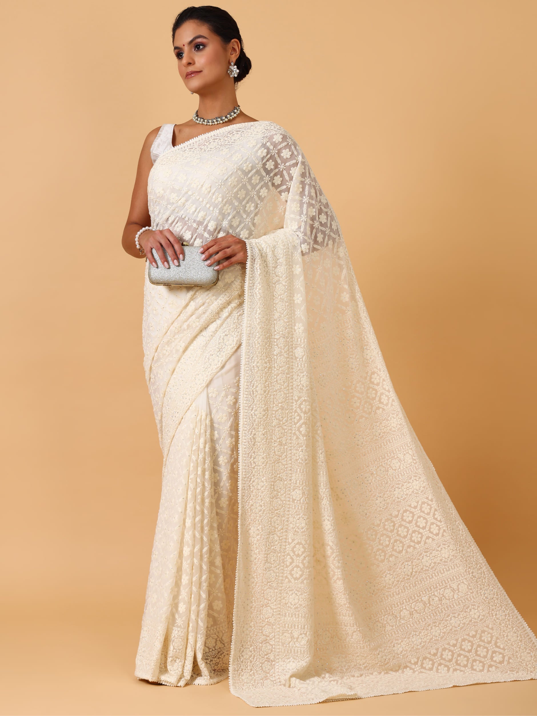 Ivory Lucknowi Georgette Saree – Unstitched - House of Surya