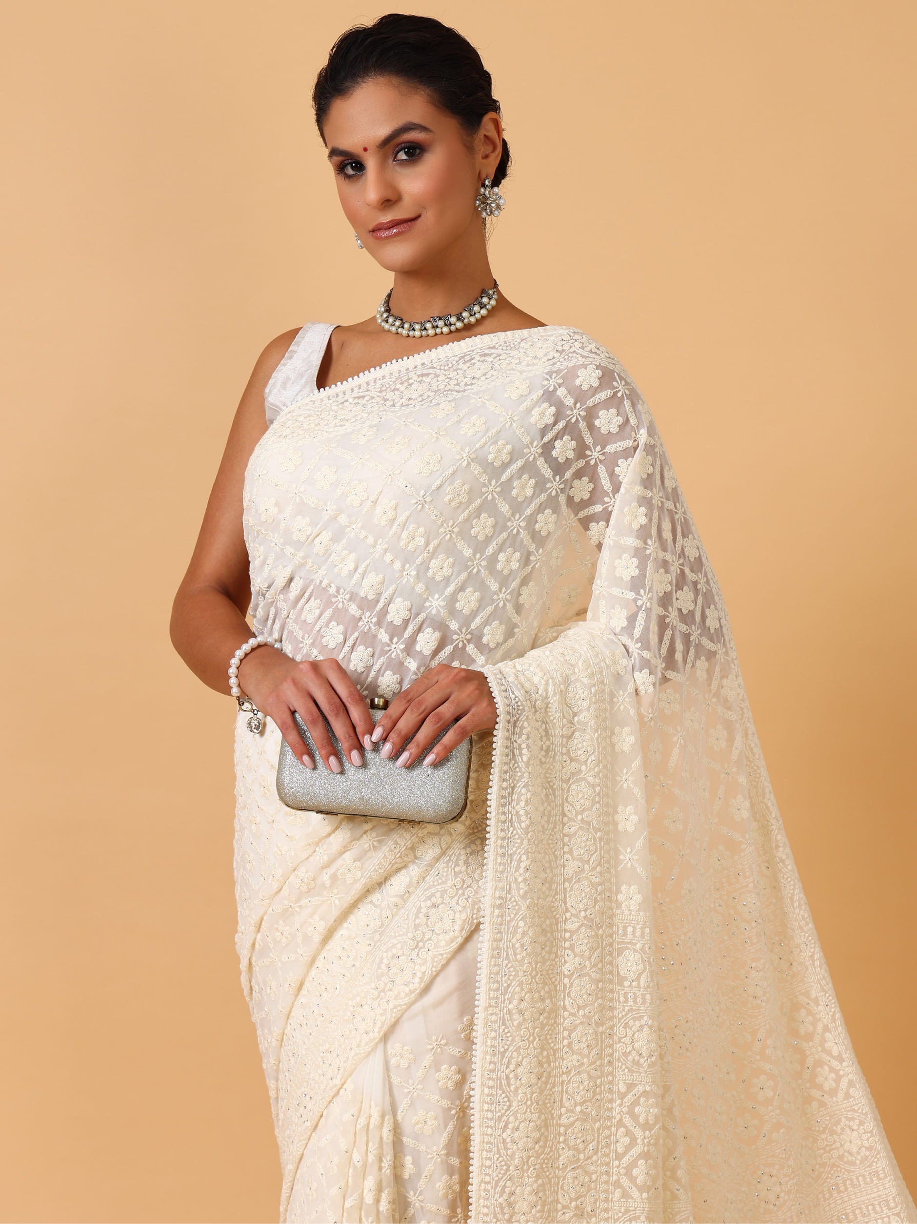Ivory Lucknowi Georgette Saree – Unstitched - House of Surya