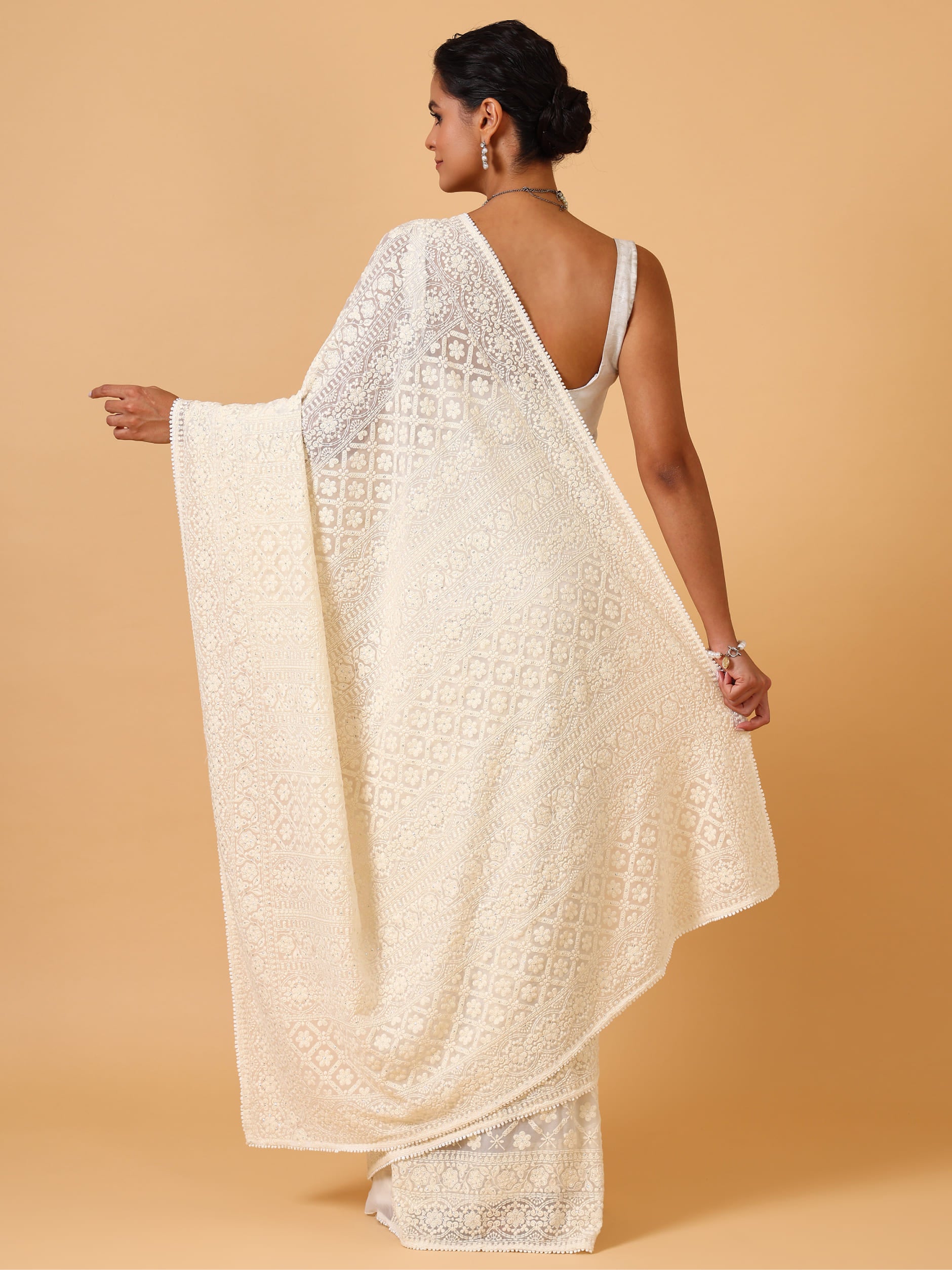 Ivory Lucknowi Georgette Saree – Unstitched - House of Surya
