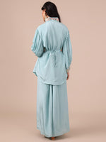 Ice Blue Chinon Co-ord Set with Applique & Beads Work - House of Surya