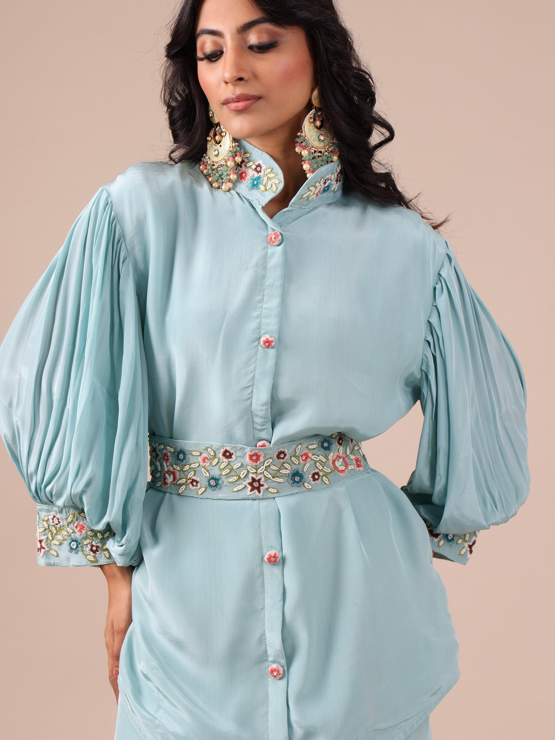 Ice Blue Chinon Co-ord Set with Applique & Beads Work - House of Surya