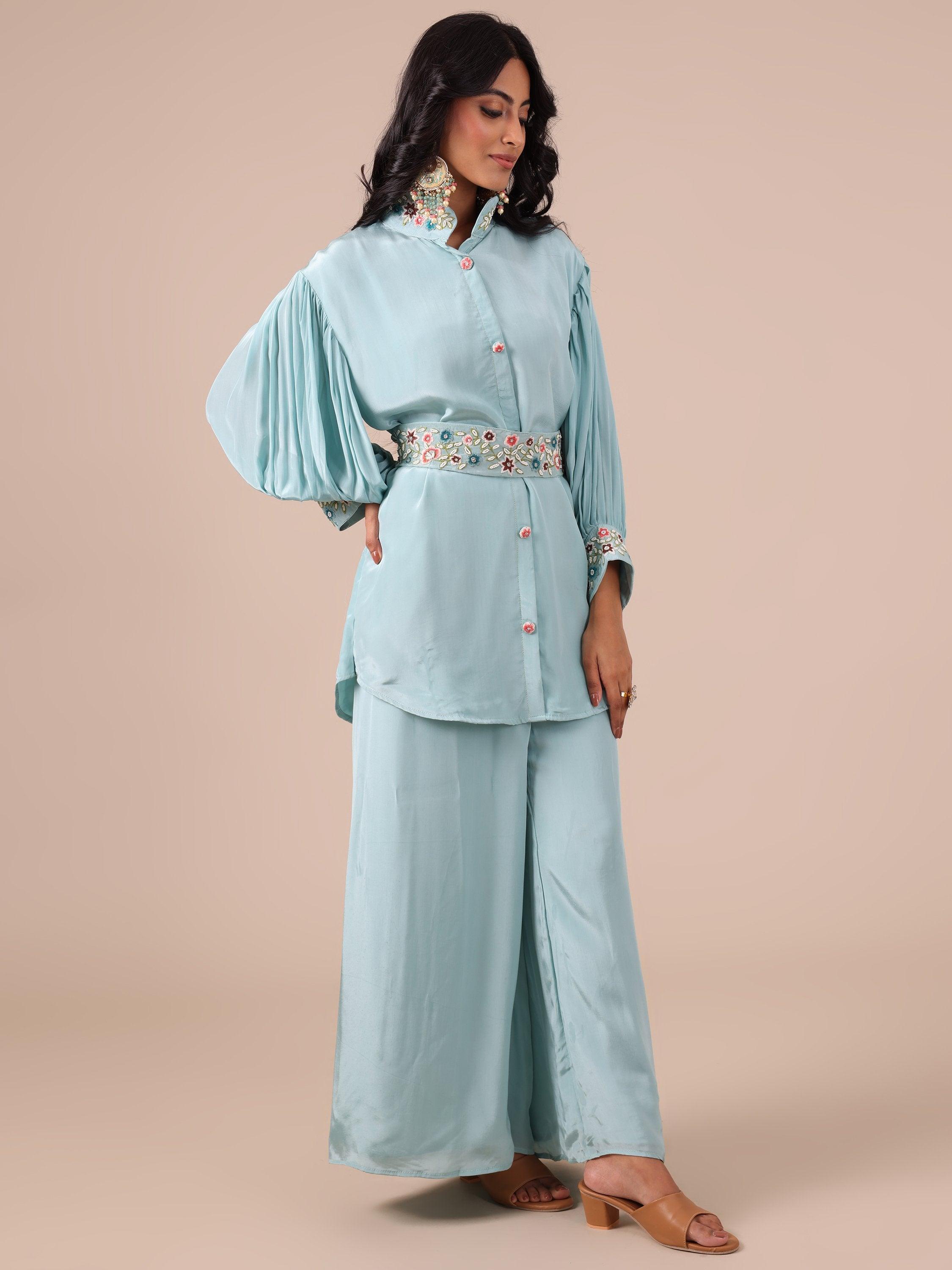 Ice Blue Chinon Co-ord Set with Applique & Beads Work - House of Surya