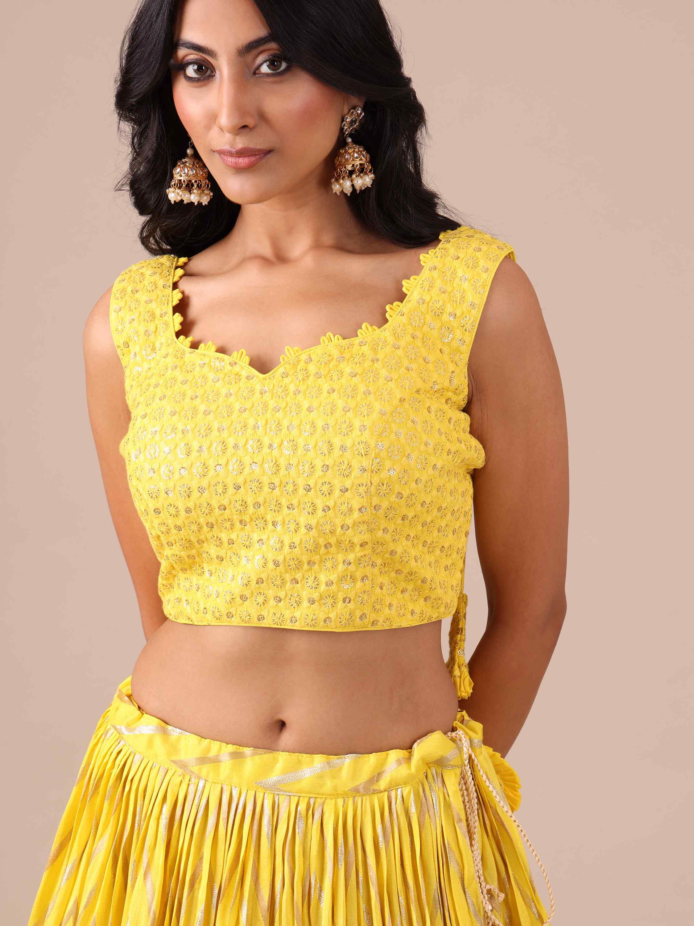Yellow Dola Silk Lehenga Choli with Chikankari Work - House of Surya