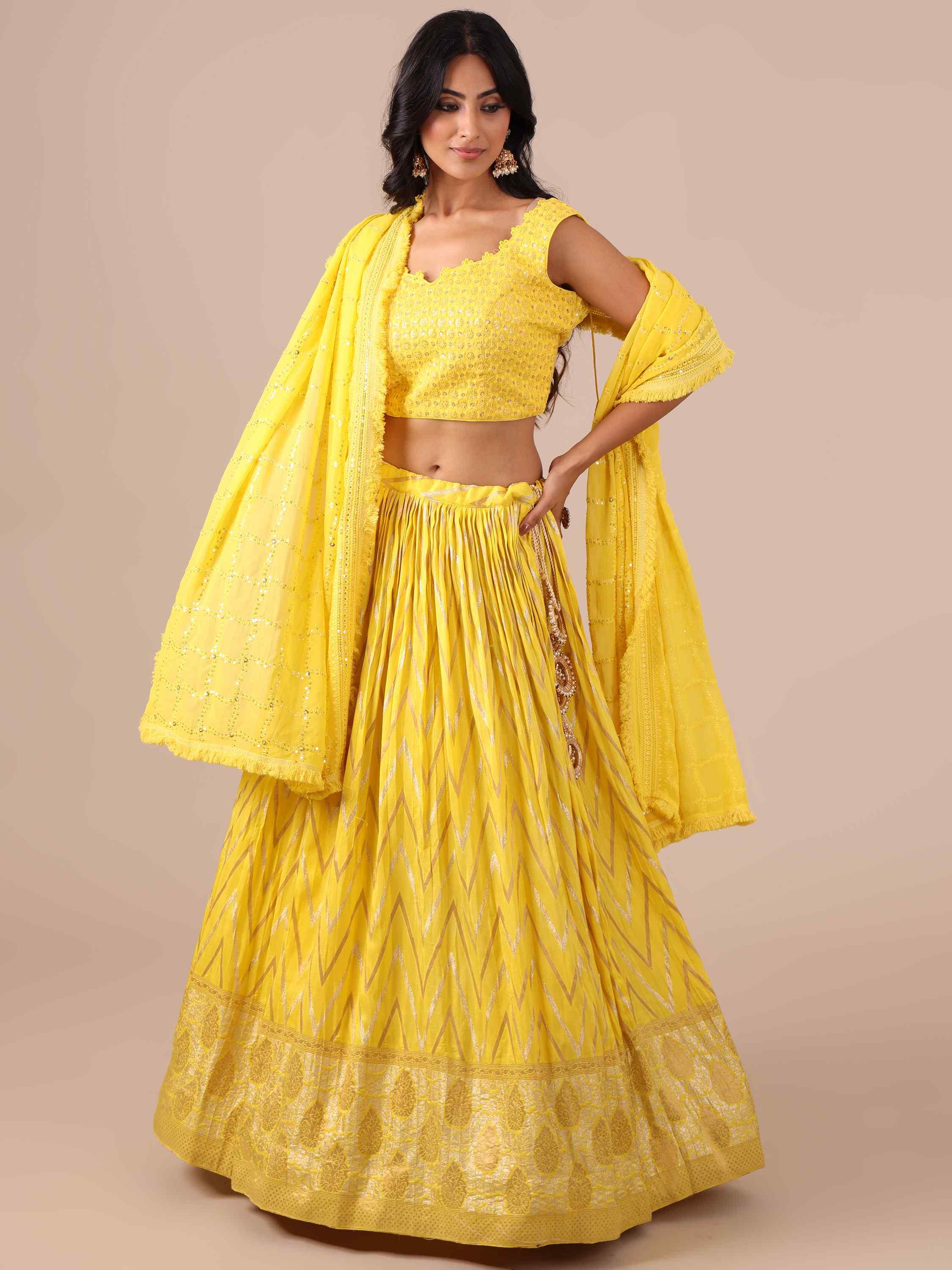 Yellow Dola Silk Lehenga Choli with Chikankari Work - House of Surya