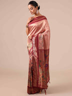 Peach Silk Saree with Maroon Silk Unstitched Blouse - House of Surya