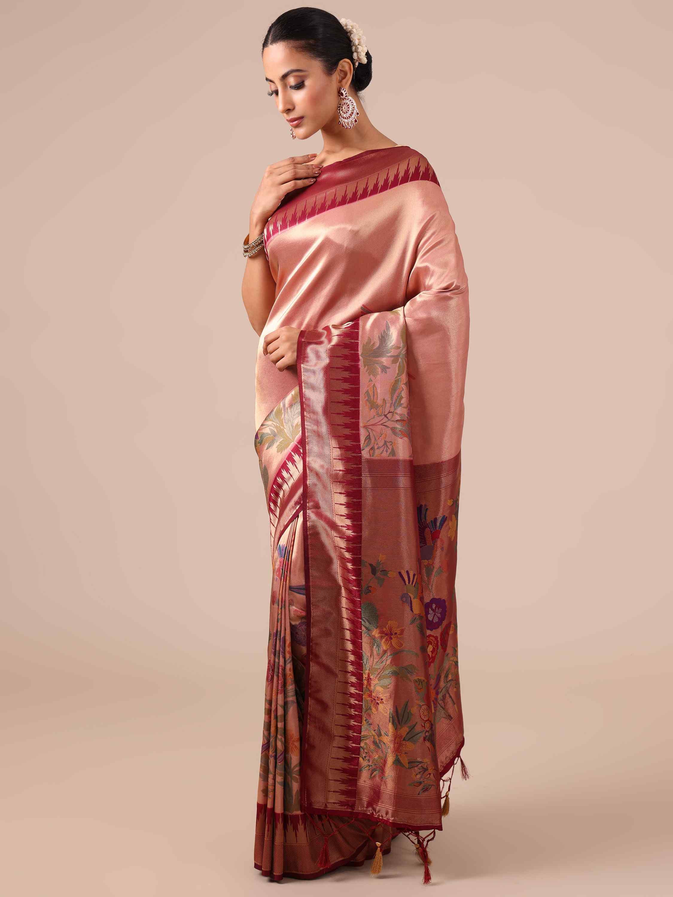 Peach Silk Saree with Maroon Silk Unstitched Blouse - House of Surya