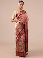 Peach Silk Saree with Maroon Silk Unstitched Blouse - House of Surya