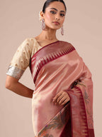 Peach Silk Saree with Maroon Silk Unstitched Blouse - House of Surya